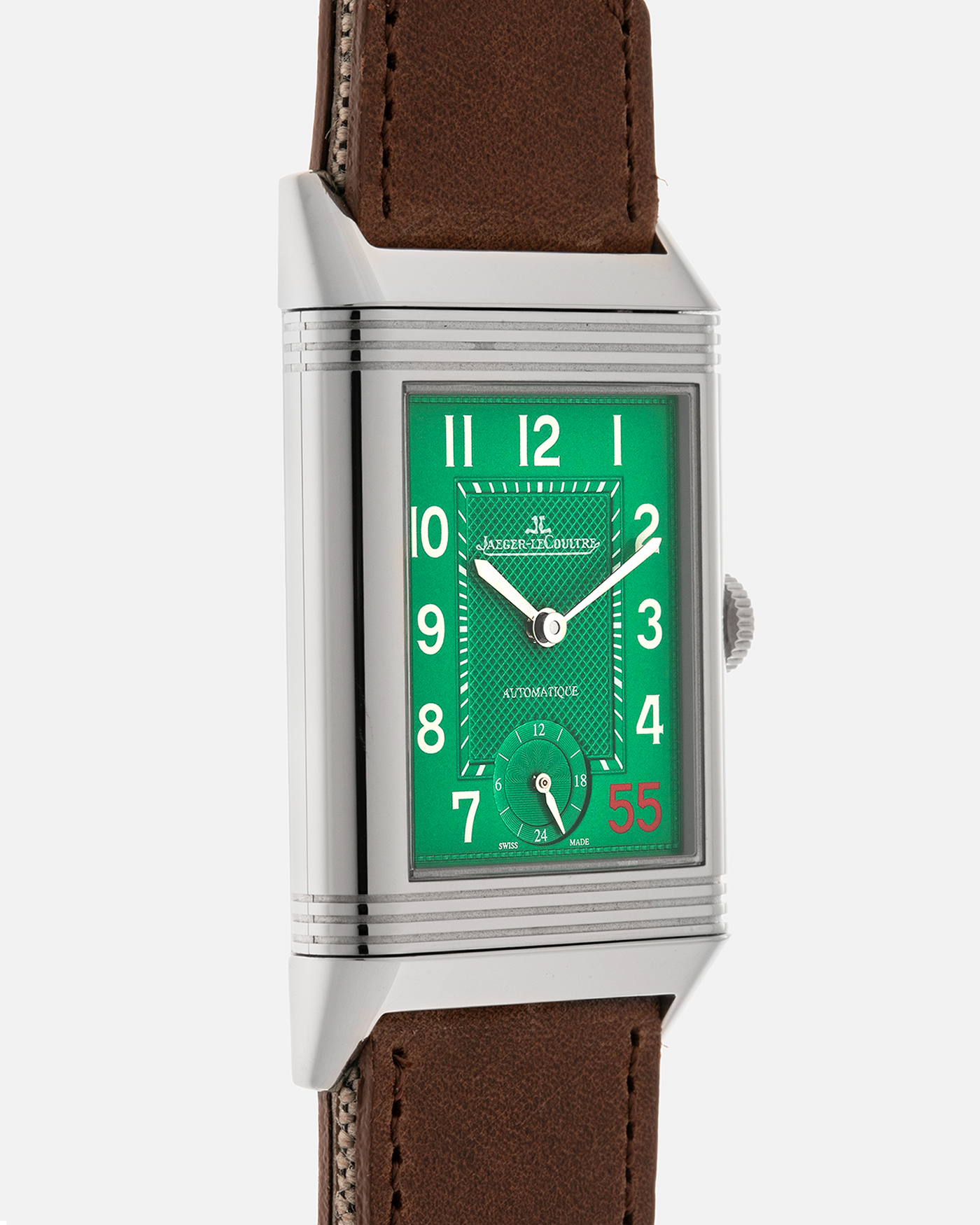 Brand: Jaeger-LeCoultre
Year: 2016
Model: Grande Reverso 976 ‘55th Anniversary of Kuwait’, Limited Edition of 55 Pieces
Reference: 278.8.56
Material: Stainless Steel
Movement: Jaeger-LeCoultre Cal. 967B, Self-Winding
Case Dimensions: 46mm (Including Lugs) x 27mm x 9mm
Lug Width: 20mm
Straps: Jaeger-LeCoultre Casa Fagliano Beige Calf and Canvas Leather Strap with Signed Stainless Steel Deployant Clasp, extra Jaeger-LeCoultre Black Alligator Leather Strap, and Jaeger-LeCoultre Casa Fagliano Dark Brown Calf Le