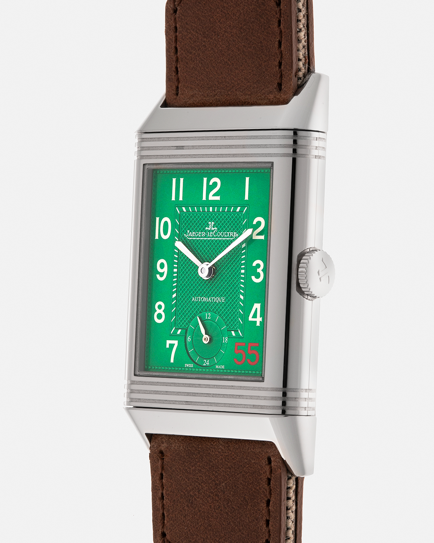 Brand: Jaeger-LeCoultre
Year: 2016
Model: Grande Reverso 976 ‘55th Anniversary of Kuwait’, Limited Edition of 55 Pieces
Reference: 278.8.56
Material: Stainless Steel
Movement: Jaeger-LeCoultre Cal. 967B, Self-Winding
Case Dimensions: 46mm (Including Lugs) x 27mm x 9mm
Lug Width: 20mm
Straps: Jaeger-LeCoultre Casa Fagliano Beige Calf and Canvas Leather Strap with Signed Stainless Steel Deployant Clasp, extra Jaeger-LeCoultre Black Alligator Leather Strap, and Jaeger-LeCoultre Casa Fagliano Dark Brown Calf Le