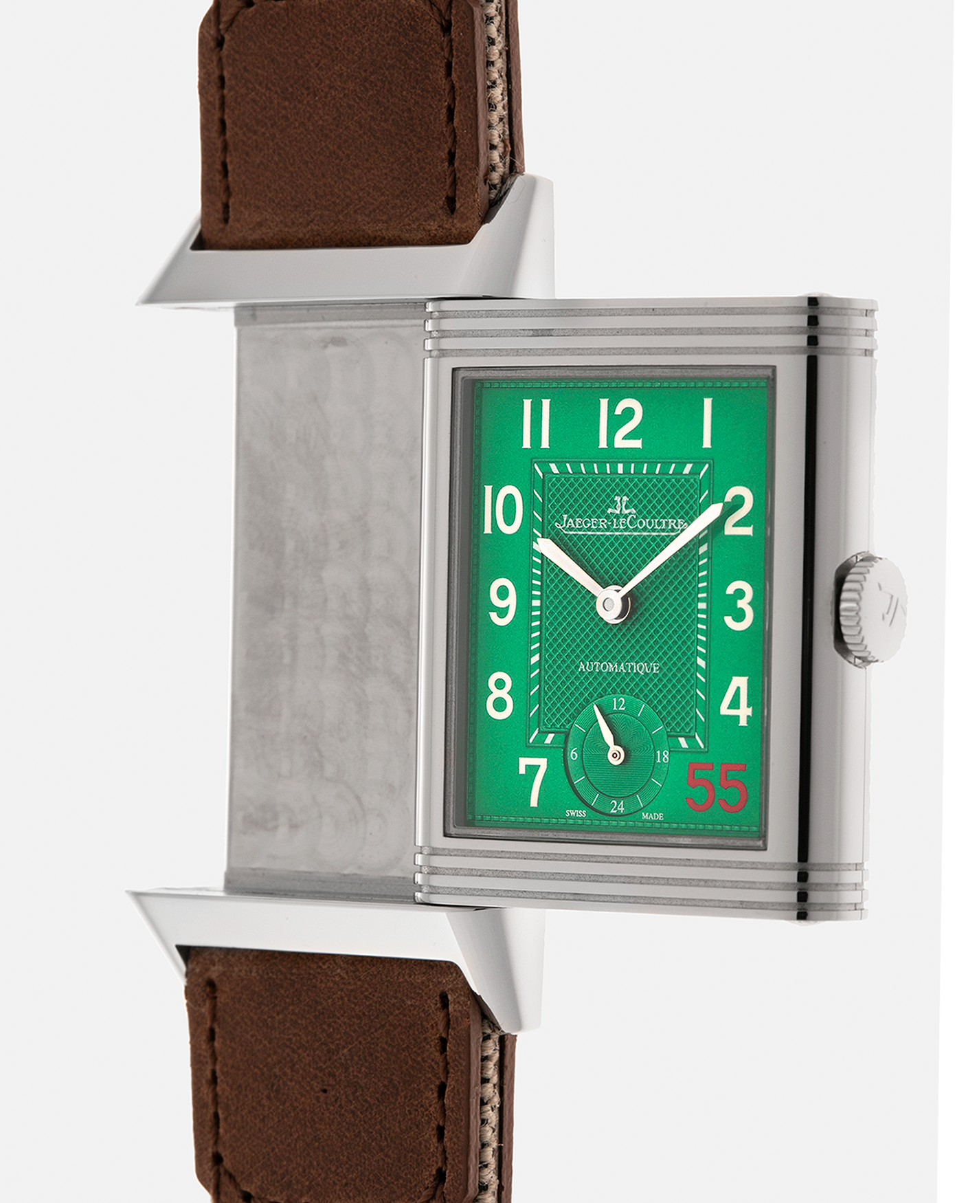 Brand: Jaeger-LeCoultre
Year: 2016
Model: Grande Reverso 976 ‘55th Anniversary of Kuwait’, Limited Edition of 55 Pieces
Reference: 278.8.56
Material: Stainless Steel
Movement: Jaeger-LeCoultre Cal. 967B, Self-Winding
Case Dimensions: 46mm (Including Lugs) x 27mm x 9mm
Lug Width: 20mm
Straps: Jaeger-LeCoultre Casa Fagliano Beige Calf and Canvas Leather Strap with Signed Stainless Steel Deployant Clasp, extra Jaeger-LeCoultre Black Alligator Leather Strap, and Jaeger-LeCoultre Casa Fagliano Dark Brown Calf Le