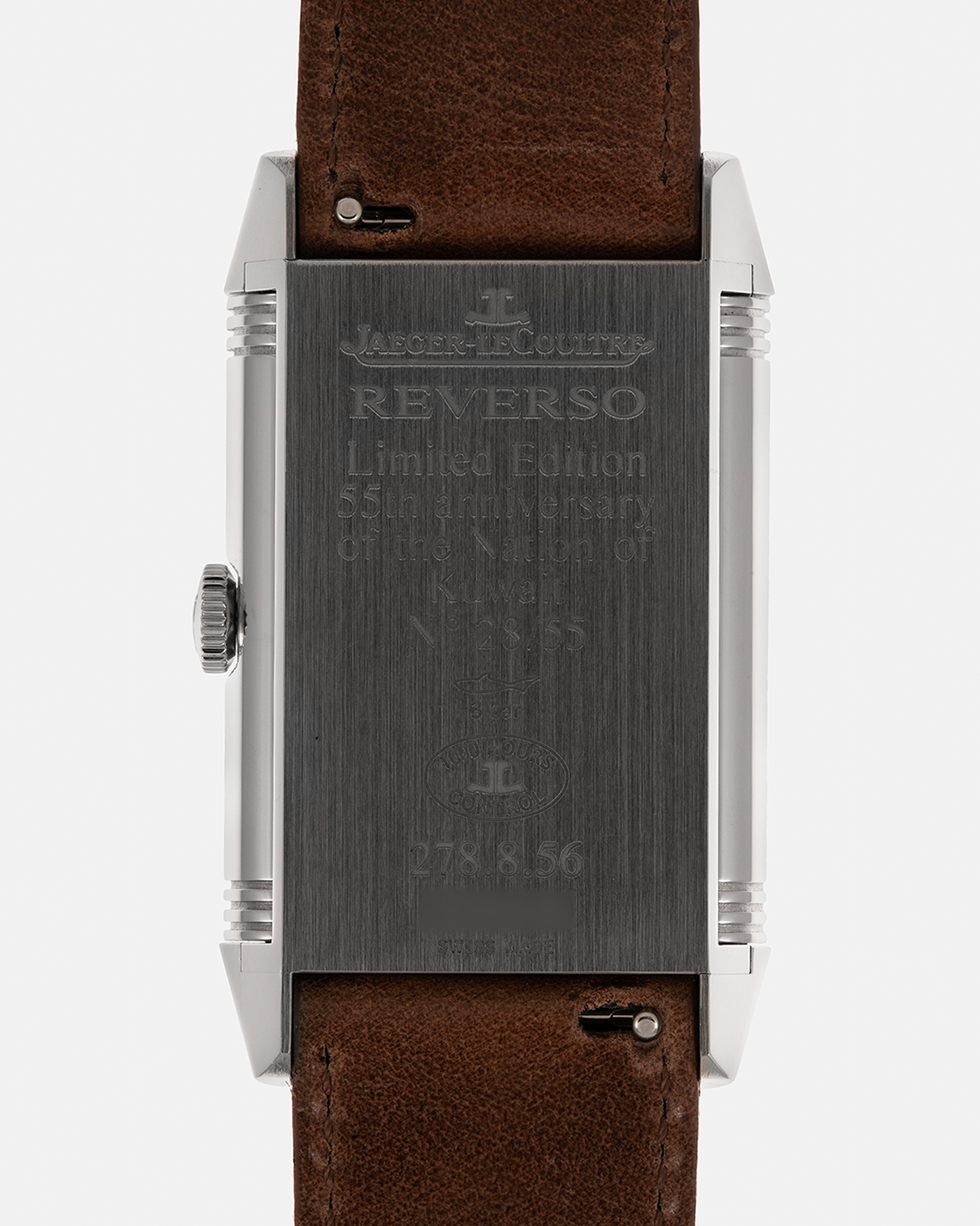 Brand: Jaeger-LeCoultre
Year: 2016
Model: Grande Reverso 976 ‘55th Anniversary of Kuwait’, Limited Edition of 55 Pieces
Reference: 278.8.56
Material: Stainless Steel
Movement: Jaeger-LeCoultre Cal. 967B, Self-Winding
Case Dimensions: 46mm (Including Lugs) x 27mm x 9mm
Lug Width: 20mm
Straps: Jaeger-LeCoultre Casa Fagliano Beige Calf and Canvas Leather Strap with Signed Stainless Steel Deployant Clasp, extra Jaeger-LeCoultre Black Alligator Leather Strap, and Jaeger-LeCoultre Casa Fagliano Dark Brown Calf Le