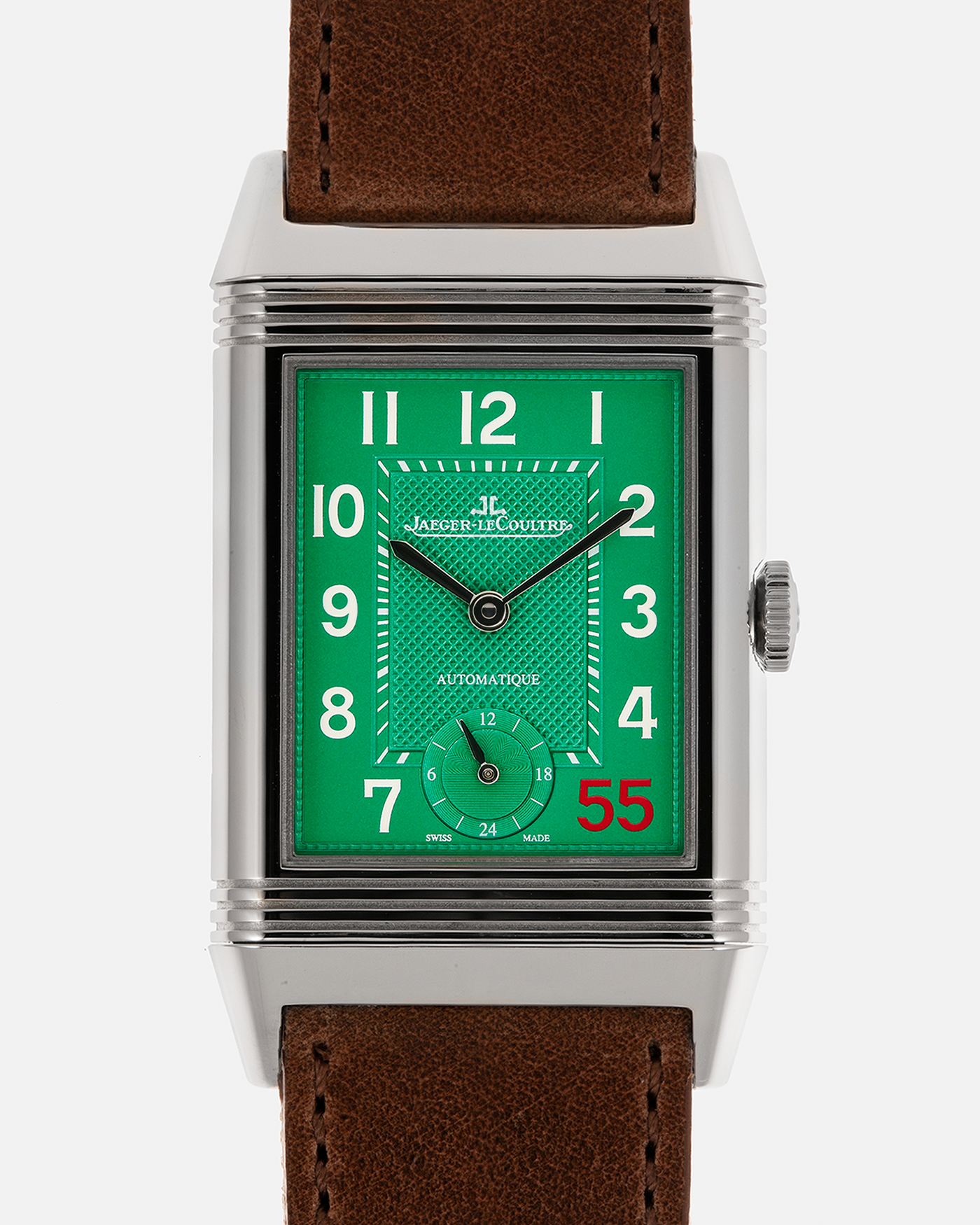 Brand: Jaeger-LeCoultre
Year: 2016
Model: Grande Reverso 976 ‘55th Anniversary of Kuwait’, Limited Edition of 55 Pieces
Reference: 278.8.56
Material: Stainless Steel
Movement: Jaeger-LeCoultre Cal. 967B, Self-Winding
Case Dimensions: 46mm (Including Lugs) x 27mm x 9mm
Lug Width: 20mm
Straps: Jaeger-LeCoultre Casa Fagliano Beige Calf and Canvas Leather Strap with Signed Stainless Steel Deployant Clasp, extra Jaeger-LeCoultre Black Alligator Leather Strap, and Jaeger-LeCoultre Casa Fagliano Dark Brown Calf Le
