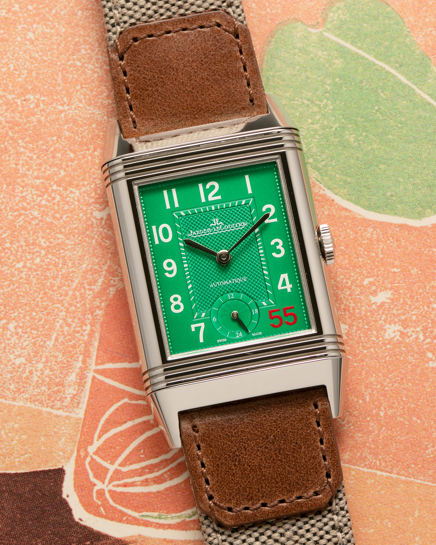 Brand: Jaeger-LeCoultre
Year: 2016
Model: Grande Reverso 976 ‘55th Anniversary of Kuwait’, Limited Edition of 55 Pieces
Reference: 278.8.56
Material: Stainless Steel
Movement: Jaeger-LeCoultre Cal. 967B, Self-Winding
Case Dimensions: 46mm (Including Lugs) x 27mm x 9mm
Lug Width: 20mm
Straps: Jaeger-LeCoultre Casa Fagliano Beige Calf and Canvas Leather Strap with Signed Stainless Steel Deployant Clasp, extra Jaeger-LeCoultre Black Alligator Leather Strap, and Jaeger-LeCoultre Casa Fagliano Dark Brown Calf Le