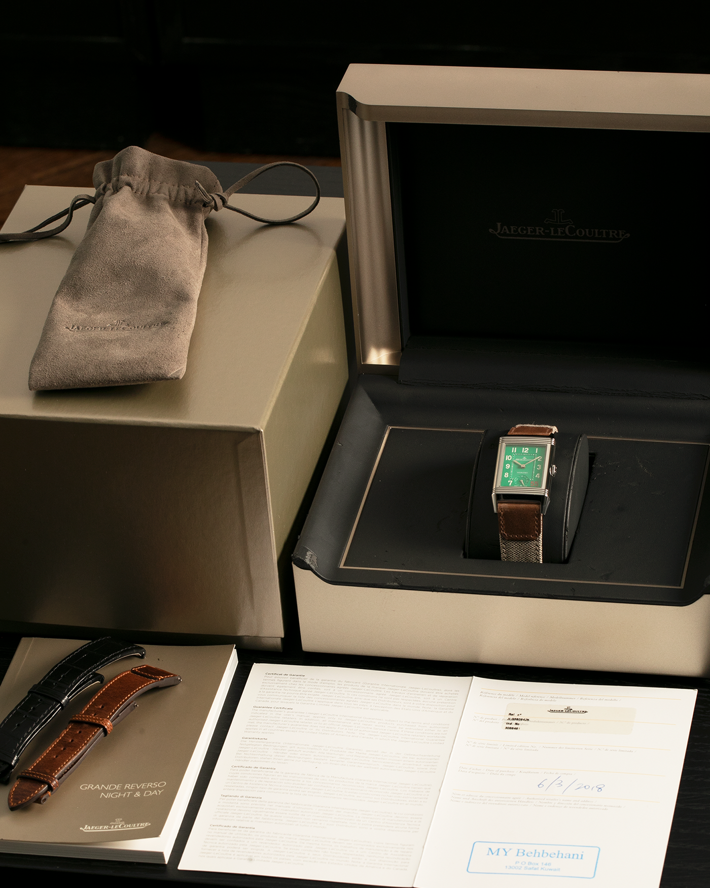 Brand: Jaeger-LeCoultre
Year: 2016
Model: Grande Reverso 976 ‘55th Anniversary of Kuwait’, Limited Edition of 55 Pieces
Reference: 278.8.56
Material: Stainless Steel
Movement: Jaeger-LeCoultre Cal. 967B, Self-Winding
Case Dimensions: 46mm (Including Lugs) x 27mm x 9mm
Lug Width: 20mm
Straps: Jaeger-LeCoultre Casa Fagliano Beige Calf and Canvas Leather Strap with Signed Stainless Steel Deployant Clasp, extra Jaeger-LeCoultre Black Alligator Leather Strap, and Jaeger-LeCoultre Casa Fagliano Dark Brown Calf Le