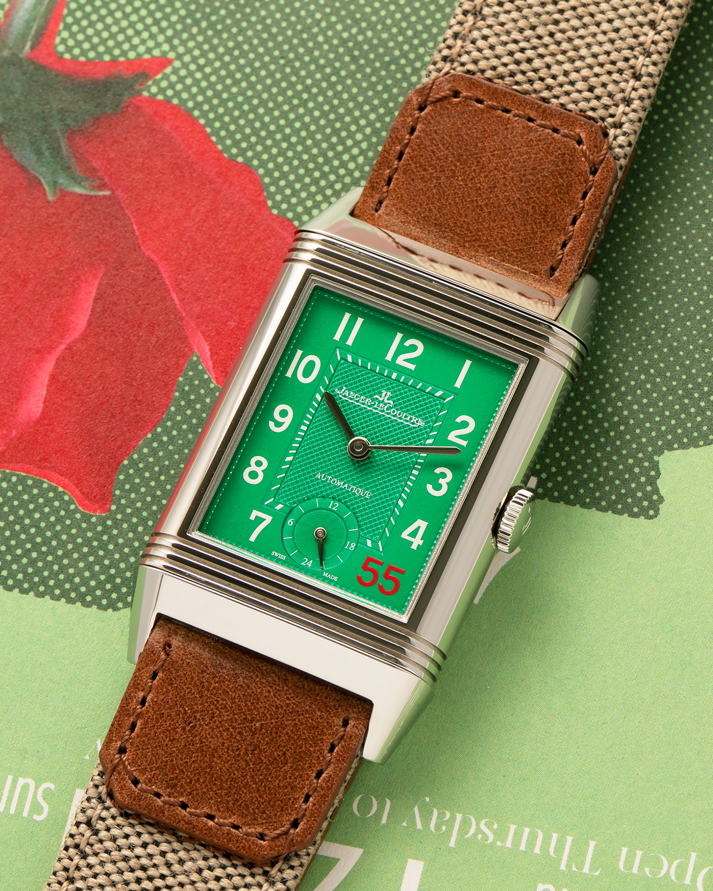 Brand: Jaeger-LeCoultre
Year: 2016
Model: Grande Reverso 976 ‘55th Anniversary of Kuwait’, Limited Edition of 55 Pieces
Reference: 278.8.56
Material: Stainless Steel
Movement: Jaeger-LeCoultre Cal. 967B, Self-Winding
Case Dimensions: 46mm (Including Lugs) x 27mm x 9mm
Lug Width: 20mm
Straps: Jaeger-LeCoultre Casa Fagliano Beige Calf and Canvas Leather Strap with Signed Stainless Steel Deployant Clasp, extra Jaeger-LeCoultre Black Alligator Leather Strap, and Jaeger-LeCoultre Casa Fagliano Dark Brown Calf Le