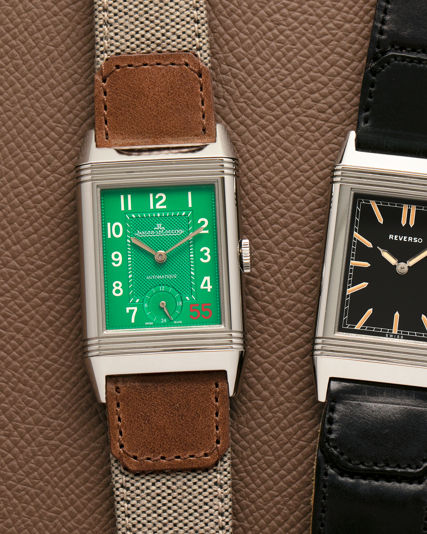 Brand: Jaeger-LeCoultre
Year: 2016
Model: Grande Reverso 976 ‘55th Anniversary of Kuwait’, Limited Edition of 55 Pieces
Reference: 278.8.56
Material: Stainless Steel
Movement: Jaeger-LeCoultre Cal. 967B, Self-Winding
Case Dimensions: 46mm (Including Lugs) x 27mm x 9mm
Lug Width: 20mm
Straps: Jaeger-LeCoultre Casa Fagliano Beige Calf and Canvas Leather Strap with Signed Stainless Steel Deployant Clasp, extra Jaeger-LeCoultre Black Alligator Leather Strap, and Jaeger-LeCoultre Casa Fagliano Dark Brown Calf Le