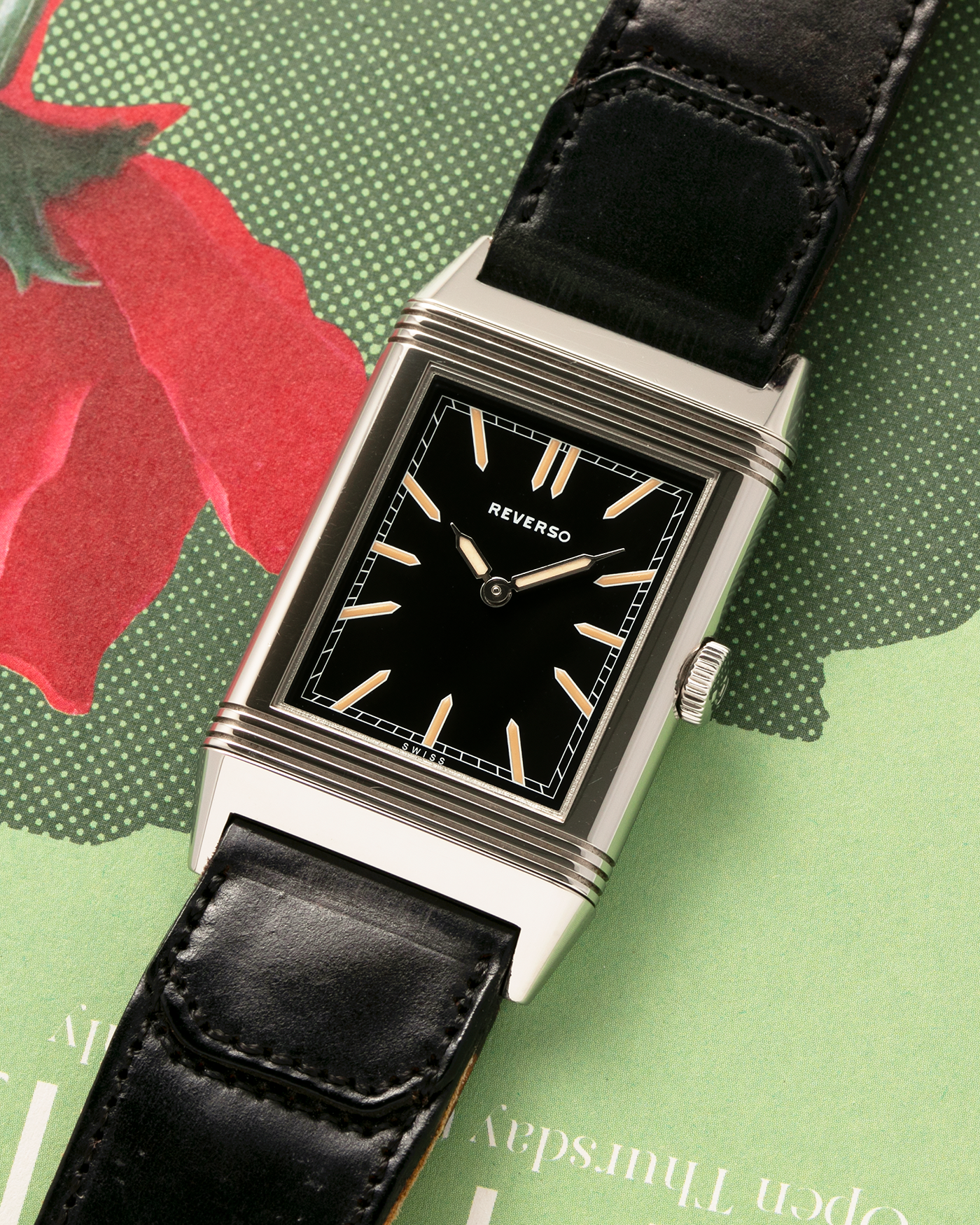 Brand: Jaeger LeCoultre
Year: 2011
Model: Q278857I, Grande Reverso Tribute to 1931 ‘US Edition’
Reference Number: 277.8.62
Material: Stainless Steel
Movement: Jaeger LeCoultre Cal. 822, Manual-Winding
Case Dimensions:  46.8mm (Including Lugs) x 27.4mm x 7.3mm
Lug Width: 20mm
Strap: Jaeger LeCoultre Casa Fagliano Black Shell Cordovan ‘2011’ Leather Strap with Signed Stainless Steel Tang Buckle