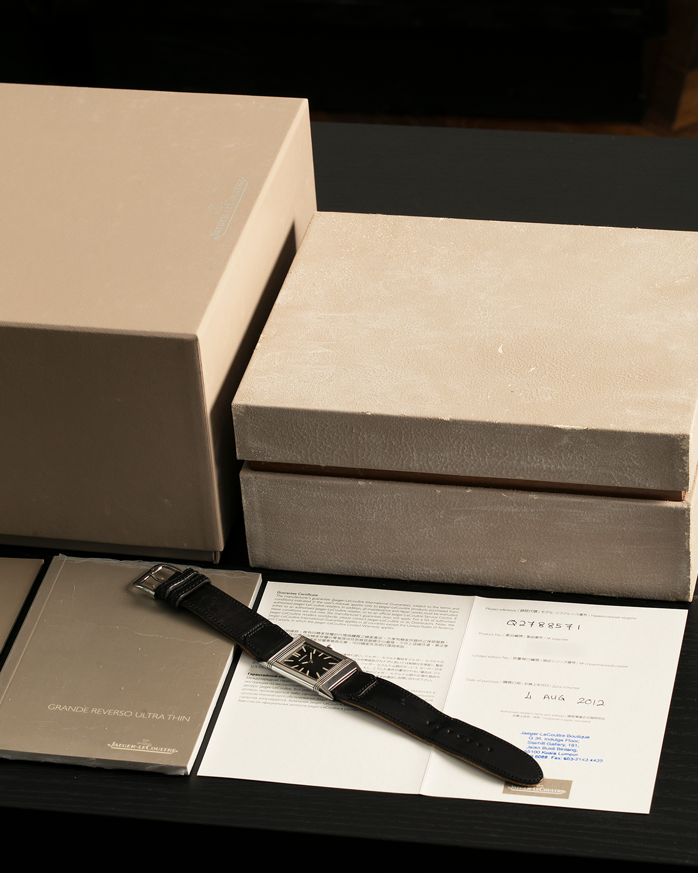 Brand: Jaeger LeCoultre
Year: 2011
Model: Q278857I, Grande Reverso Tribute to 1931 ‘US Edition’
Reference Number: 277.8.62
Material: Stainless Steel
Movement: Jaeger LeCoultre Cal. 822, Manual-Winding
Case Dimensions:  46.8mm (Including Lugs) x 27.4mm x 7.3mm
Lug Width: 20mm
Strap: Jaeger LeCoultre Casa Fagliano Black Shell Cordovan ‘2011’ Leather Strap with Signed Stainless Steel Tang Buckle