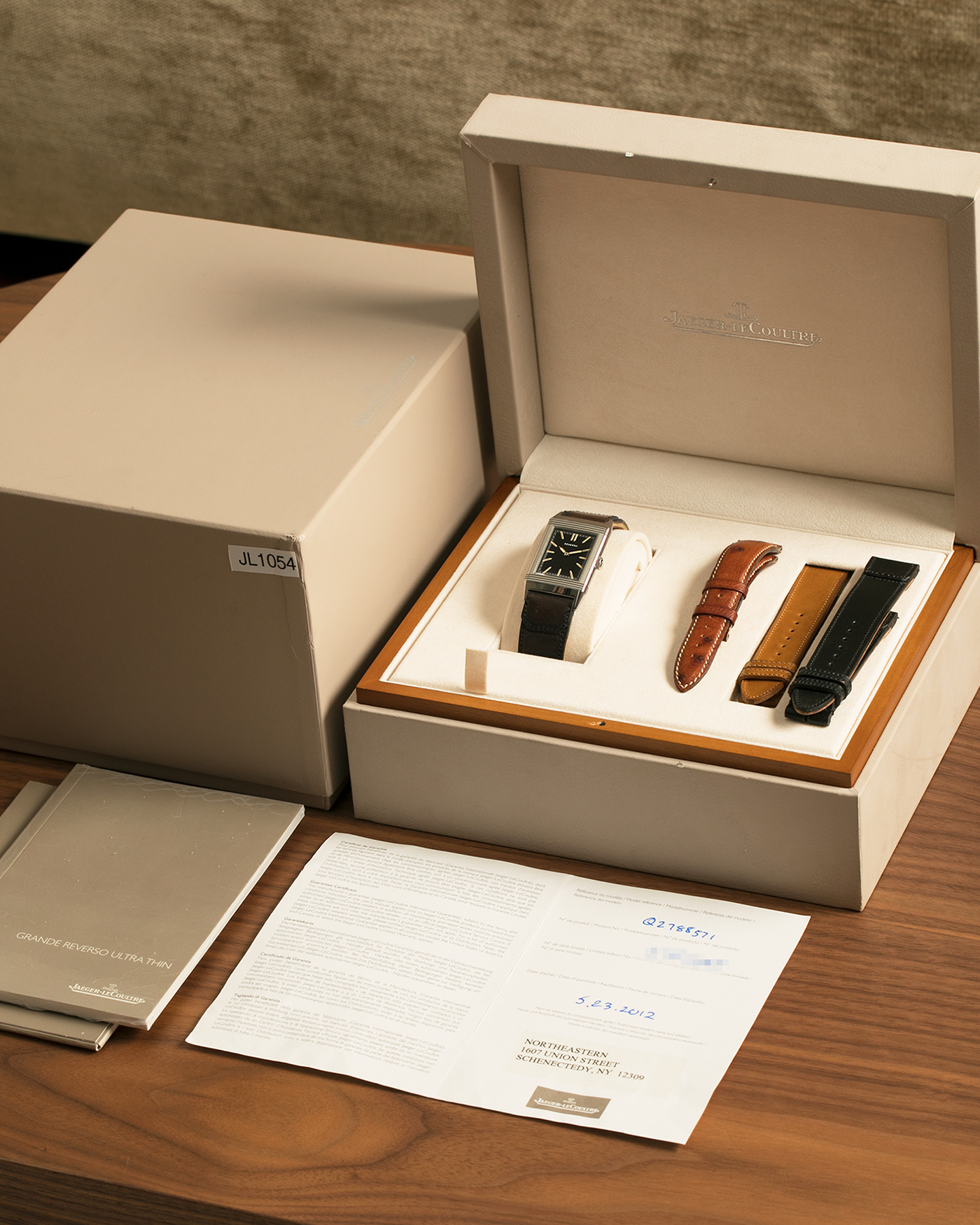 Brand: Jaeger LeCoultre Year: 2011 Model: Q278857I, Grande Reverso Tribute to 1931 ‘US Edition’ Reference Number: 277.8.62 Material: Stainless Steel Movement: Jaeger LeCoultre Cal. 822, Manual-Winding Case Dimensions:  46.8mm (Including Lugs) x 27.4mm x 7.3mm Lug Width: 20mm Straps: Jaeger LeCoultre Casa Fagliano Black Shell Cordovan ‘2011’ Leather Strap with Signed Stainless Steel Tang Buckle, extra Jaeger LeCoultre Dark Brown Shell Cordovan ‘2011’ Leather Strap, extra Jaeger LeCoultre Casa Fagliano Light 