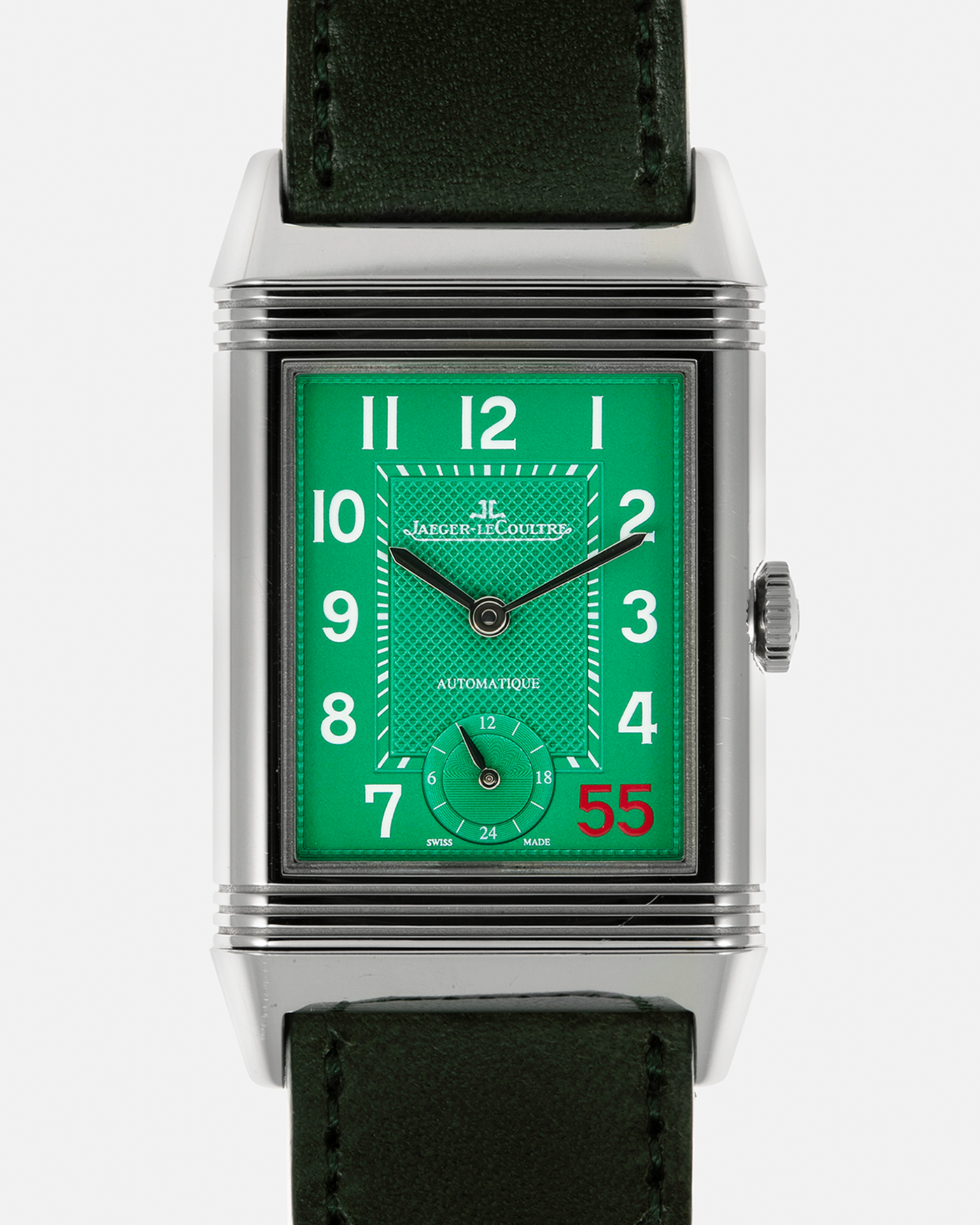 Brand: Jaeger LeCoultre
Year: 2020
Model: Grande Reverso 976 ‘55th Anniversary of Kuwait’, Limited Edition of 55 Pieces
Reference: 278.8.56
Material: Stainless Steel
Movement: Jaeger LeCoultre Cal. 967B, Self-Winding
Case Dimensions: 46mm (Including Lugs) x 27mm x 9mm
Lug Width: 20mm
Strap: Jaeger LeCoultre Casa Fagliano Olive Green Leather Strap with Signed Stainless Steel Deployant Clasp