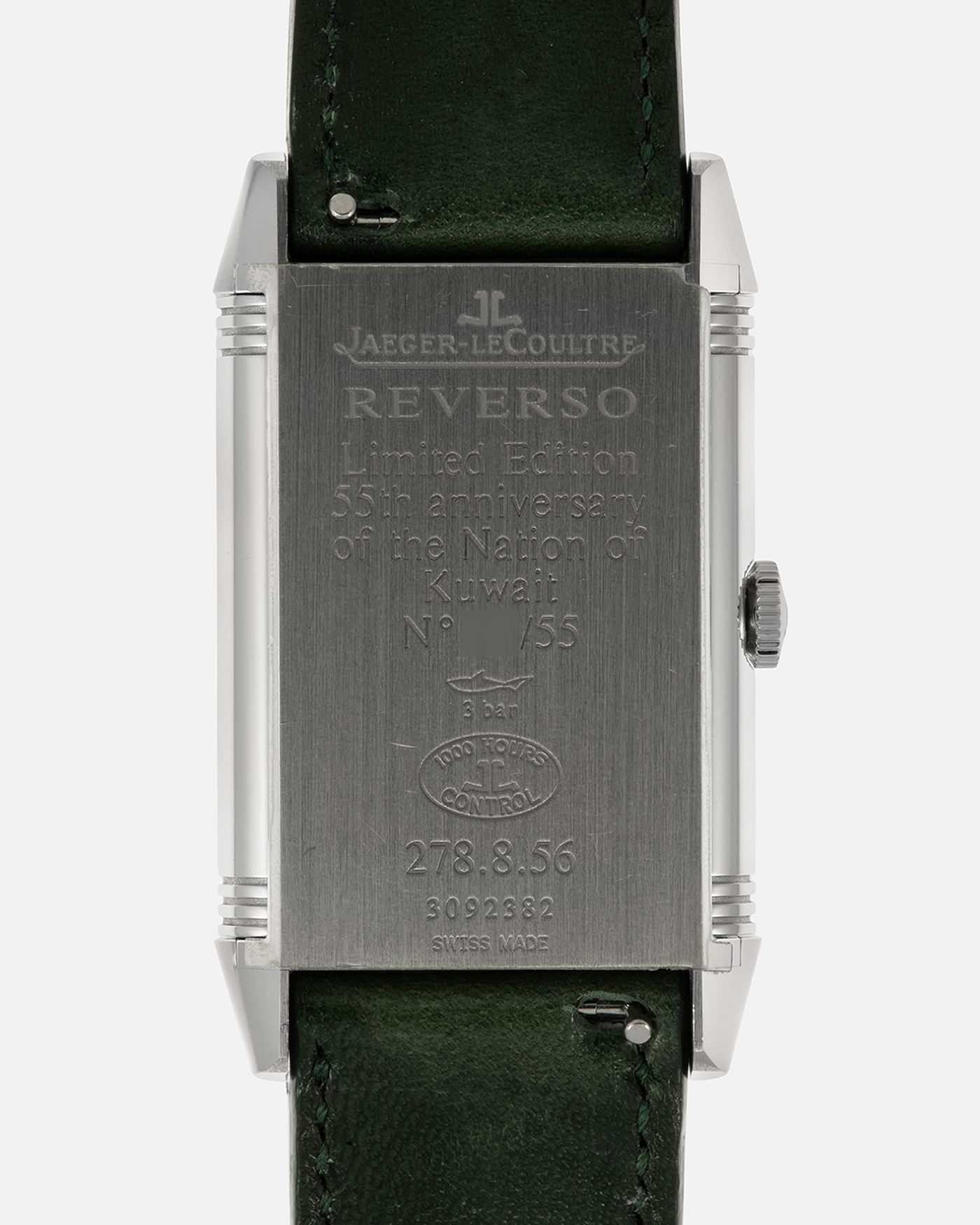 Brand: Jaeger LeCoultre
Year: 2020
Model: Grande Reverso 976 ‘55th Anniversary of Kuwait’, Limited Edition of 55 Pieces
Reference: 278.8.56
Material: Stainless Steel
Movement: Jaeger LeCoultre Cal. 967B, Self-Winding
Case Dimensions: 46mm (Including Lugs) x 27mm x 9mm
Lug Width: 20mm
Strap: Jaeger LeCoultre Casa Fagliano Olive Green Leather Strap with Signed Stainless Steel Deployant Clasp