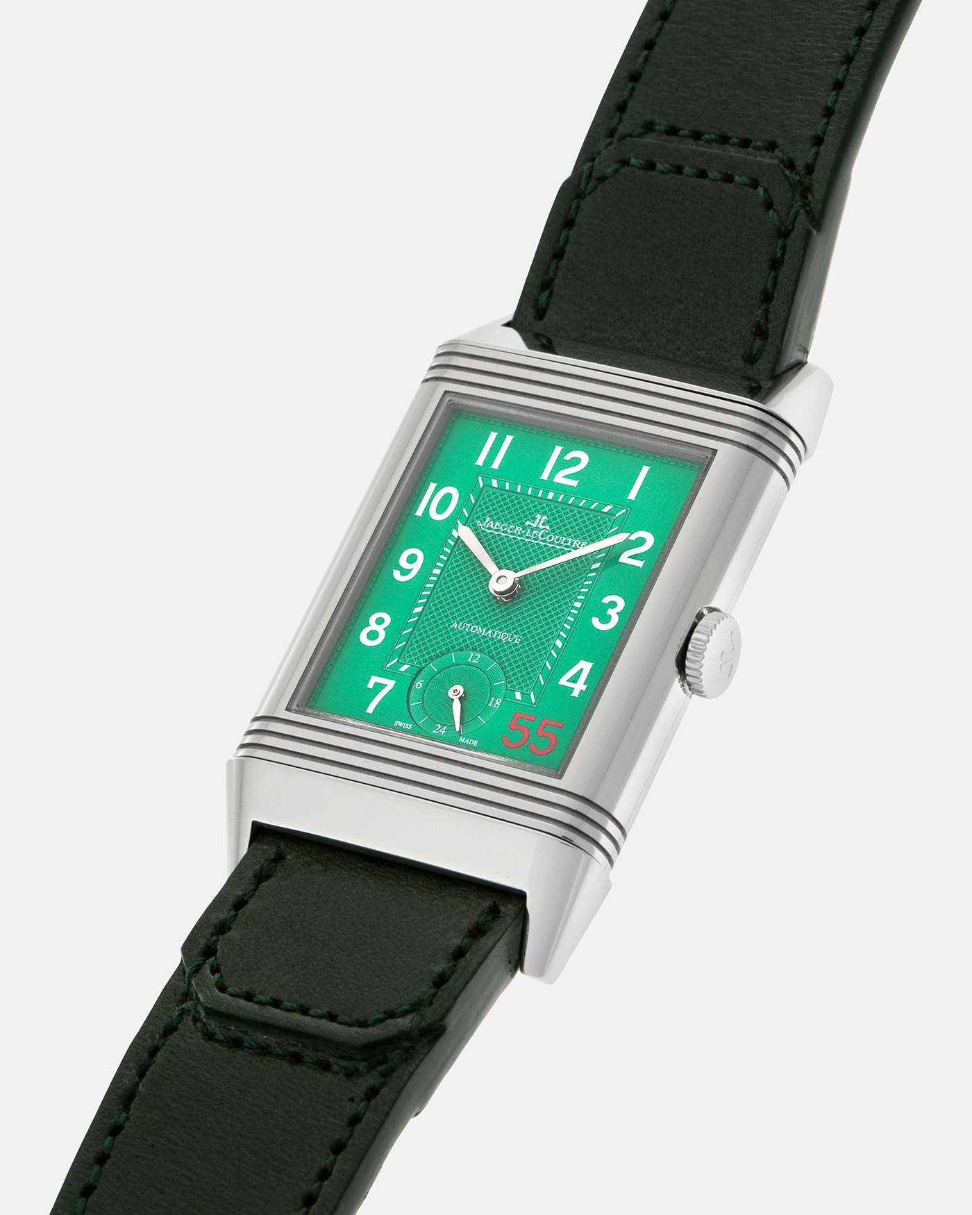 Brand: Jaeger LeCoultre
Year: 2020
Model: Grande Reverso 976 ‘55th Anniversary of Kuwait’, Limited Edition of 55 Pieces
Reference: 278.8.56
Material: Stainless Steel
Movement: Jaeger LeCoultre Cal. 967B, Self-Winding
Case Dimensions: 46mm (Including Lugs) x 27mm x 9mm
Lug Width: 20mm
Strap: Jaeger LeCoultre Casa Fagliano Olive Green Leather Strap with Signed Stainless Steel Deployant Clasp