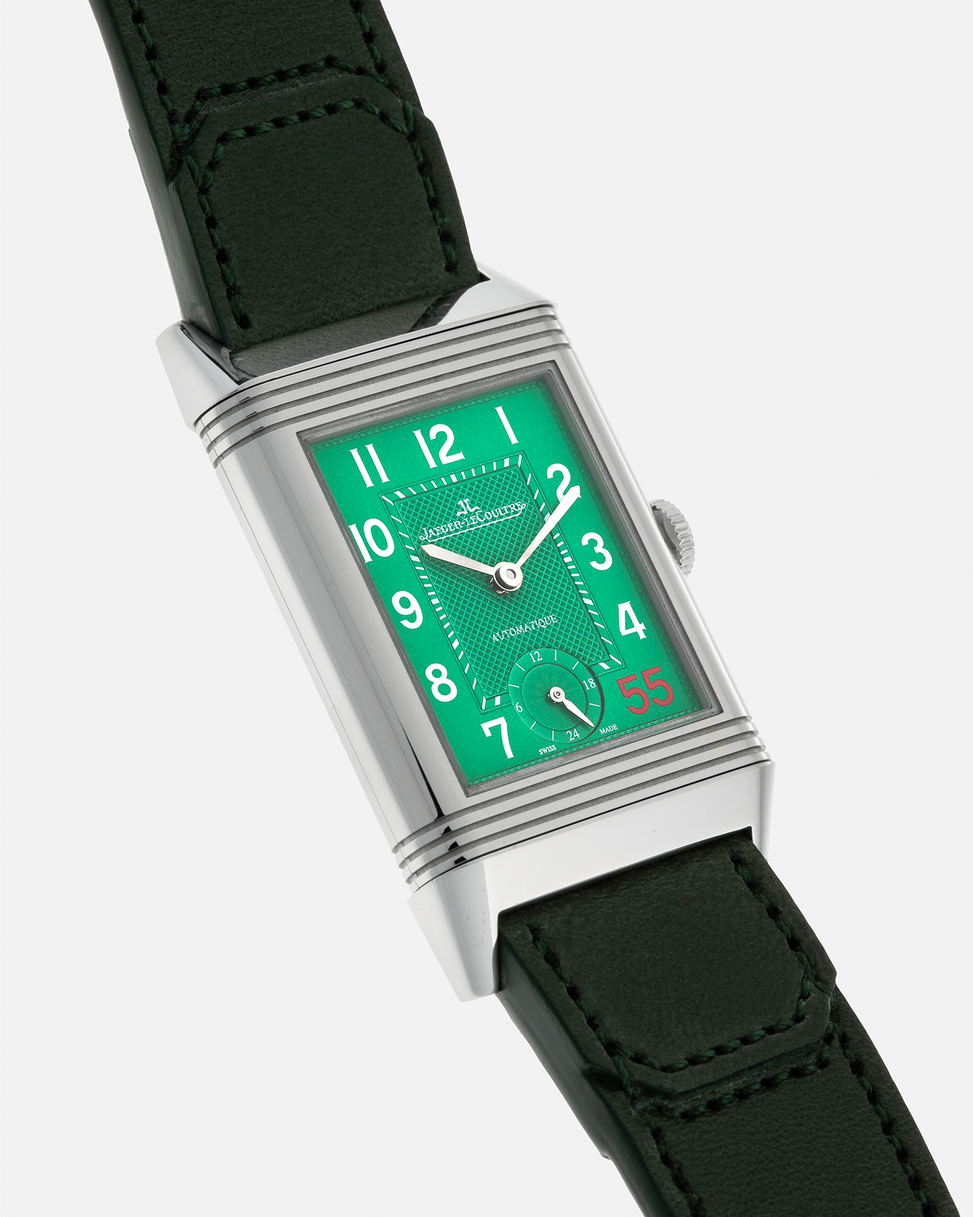 Brand: Jaeger LeCoultre
Year: 2020
Model: Grande Reverso 976 ‘55th Anniversary of Kuwait’, Limited Edition of 55 Pieces
Reference: 278.8.56
Material: Stainless Steel
Movement: Jaeger LeCoultre Cal. 967B, Self-Winding
Case Dimensions: 46mm (Including Lugs) x 27mm x 9mm
Lug Width: 20mm
Strap: Jaeger LeCoultre Casa Fagliano Olive Green Leather Strap with Signed Stainless Steel Deployant Clasp