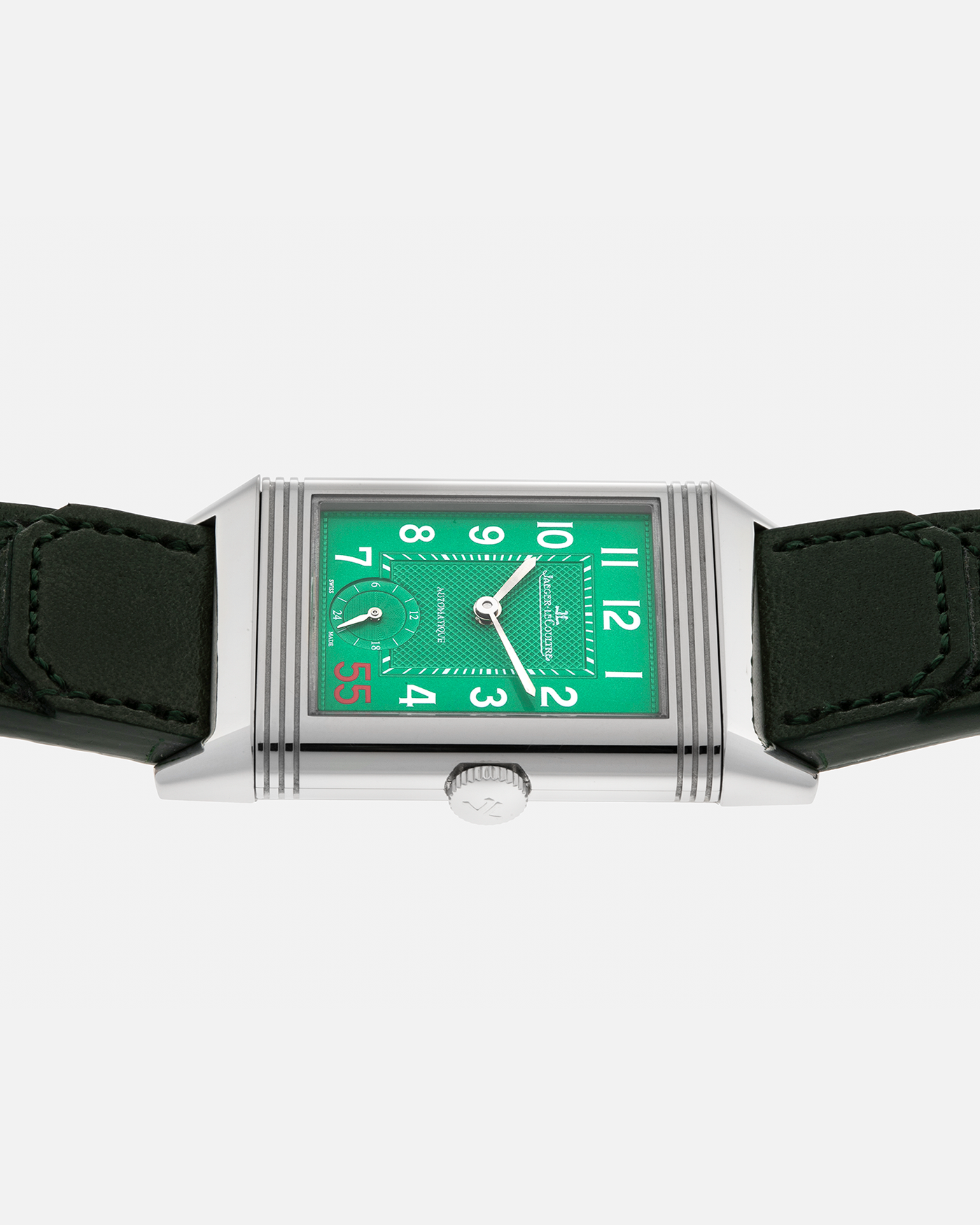Brand: Jaeger LeCoultre
Year: 2020
Model: Grande Reverso 976 ‘55th Anniversary of Kuwait’, Limited Edition of 55 Pieces
Reference: 278.8.56
Material: Stainless Steel
Movement: Jaeger LeCoultre Cal. 967B, Self-Winding
Case Dimensions: 46mm (Including Lugs) x 27mm x 9mm
Lug Width: 20mm
Strap: Jaeger LeCoultre Casa Fagliano Olive Green Leather Strap with Signed Stainless Steel Deployant Clasp