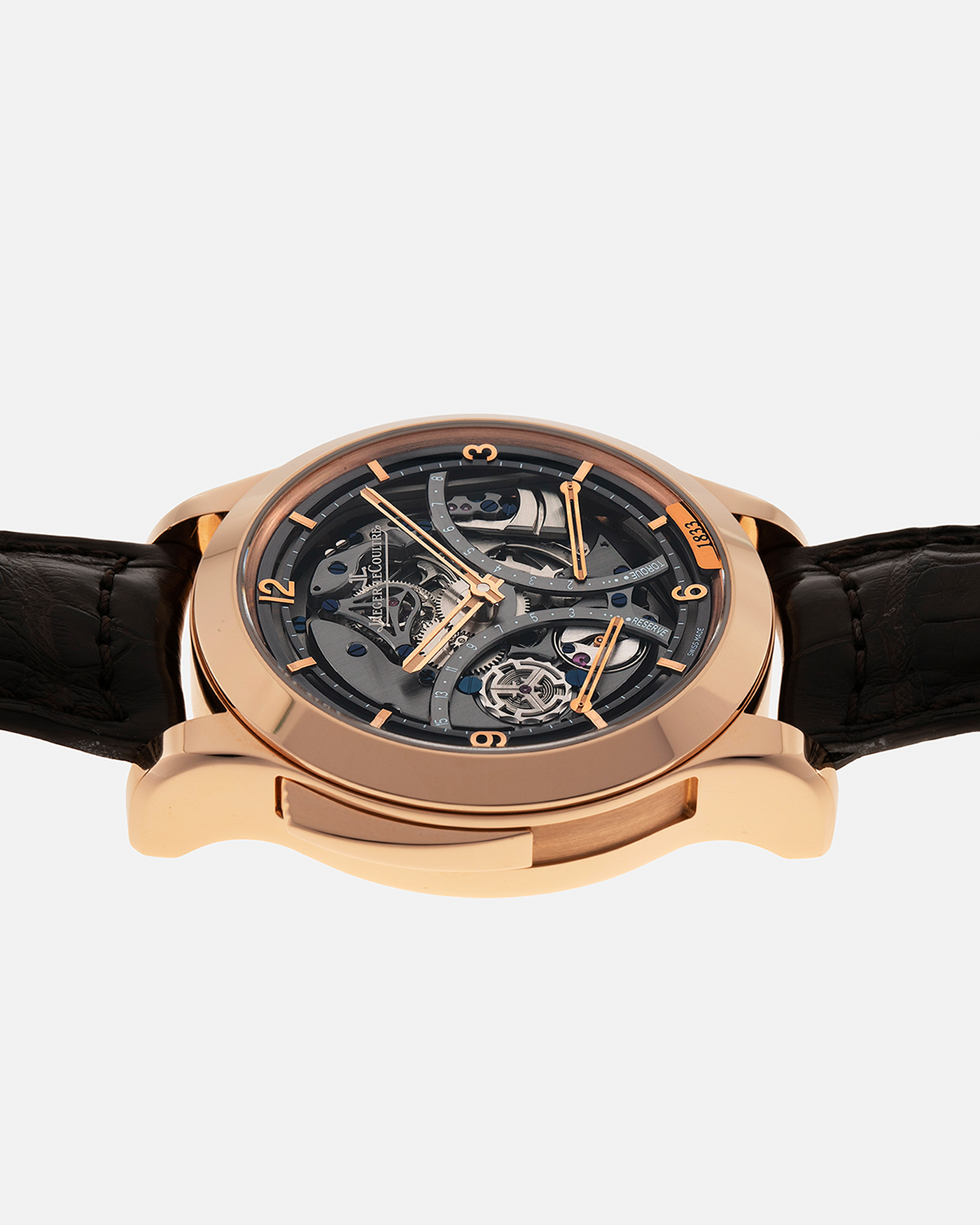 Brand: Jaeger LeCoultre
Year: 2008
Model: Master Minute Repeater 1833, 175th Anniversary Limited Edition of 175 Pieces
Reference Number: 151.2.67.S
Material: 18-carat Rose Gold
Movement: Jaeger LeCoultre Cal. 947 (Based on the Cal. 944), Manual-Winding
Case Diameter:  44mm x 15.6mm (Lug-to-Lug 52.6mm)
Lug Width: 22mm
Strap: Jaeger LeCoultre Dark Brown Alligator Leather Strap with Signed 18-carat Rose Gold Deployant Clasp 