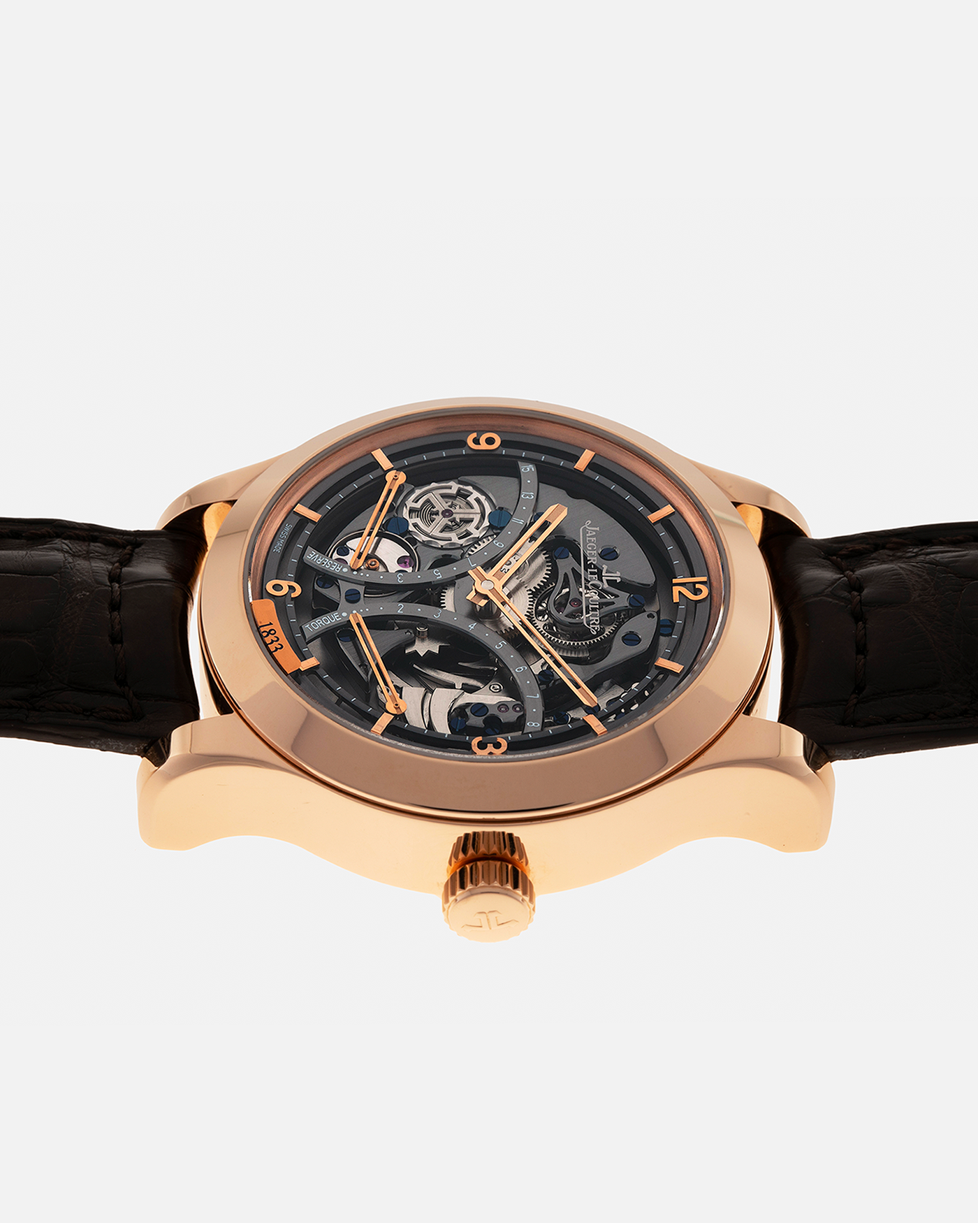 Brand: Jaeger LeCoultre
Year: 2008
Model: Master Minute Repeater 1833, 175th Anniversary Limited Edition of 175 Pieces
Reference Number: 151.2.67.S
Material: 18-carat Rose Gold
Movement: Jaeger LeCoultre Cal. 947 (Based on the Cal. 944), Manual-Winding
Case Diameter:  44mm x 15.6mm (Lug-to-Lug 52.6mm)
Lug Width: 22mm
Strap: Jaeger LeCoultre Dark Brown Alligator Leather Strap with Signed 18-carat Rose Gold Deployant Clasp 