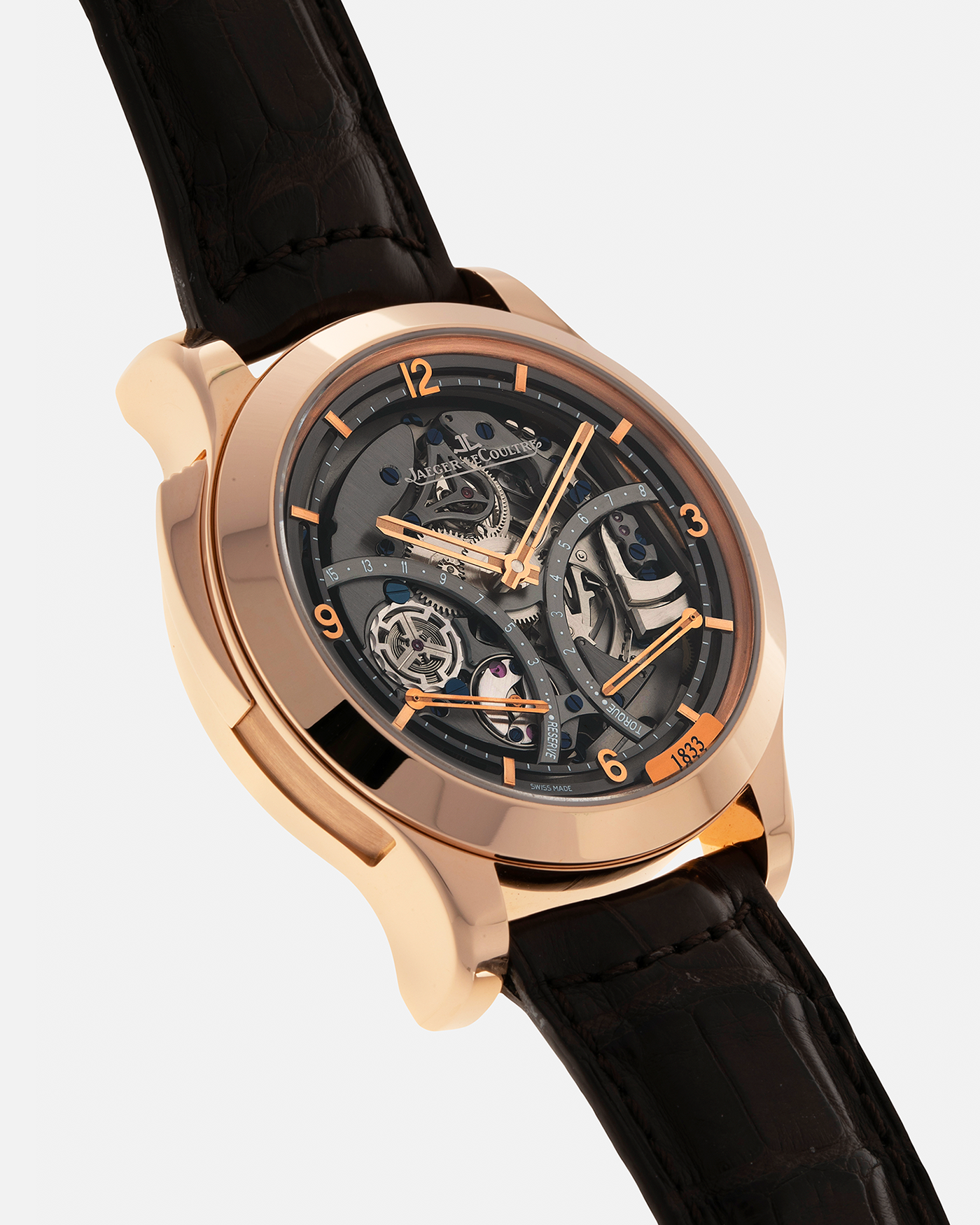 Brand: Jaeger LeCoultre
Year: 2008
Model: Master Minute Repeater 1833, 175th Anniversary Limited Edition of 175 Pieces
Reference Number: 151.2.67.S
Material: 18-carat Rose Gold
Movement: Jaeger LeCoultre Cal. 947 (Based on the Cal. 944), Manual-Winding
Case Diameter:  44mm x 15.6mm (Lug-to-Lug 52.6mm)
Lug Width: 22mm
Strap: Jaeger LeCoultre Dark Brown Alligator Leather Strap with Signed 18-carat Rose Gold Deployant Clasp 