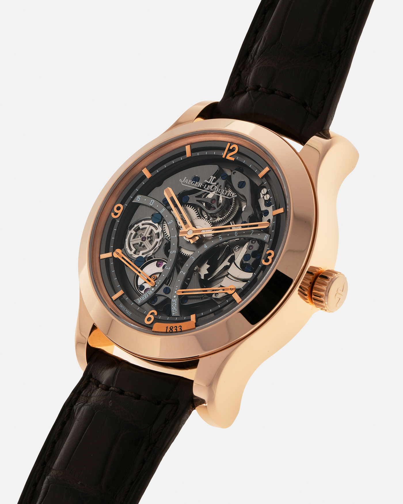 Brand: Jaeger LeCoultre
Year: 2008
Model: Master Minute Repeater 1833, 175th Anniversary Limited Edition of 175 Pieces
Reference Number: 151.2.67.S
Material: 18-carat Rose Gold
Movement: Jaeger LeCoultre Cal. 947 (Based on the Cal. 944), Manual-Winding
Case Diameter:  44mm x 15.6mm (Lug-to-Lug 52.6mm)
Lug Width: 22mm
Strap: Jaeger LeCoultre Dark Brown Alligator Leather Strap with Signed 18-carat Rose Gold Deployant Clasp 
