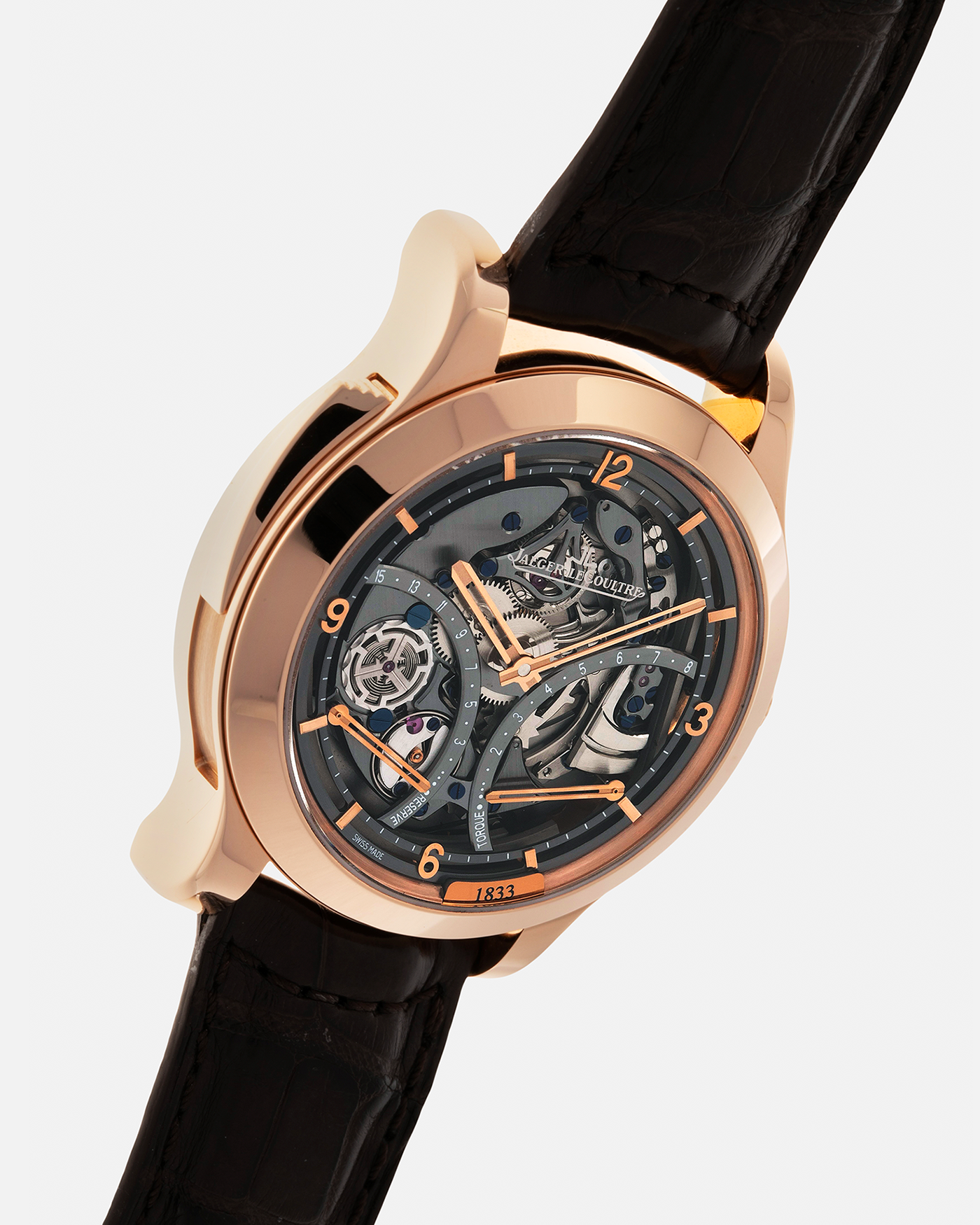 Brand: Jaeger LeCoultre
Year: 2008
Model: Master Minute Repeater 1833, 175th Anniversary Limited Edition of 175 Pieces
Reference Number: 151.2.67.S
Material: 18-carat Rose Gold
Movement: Jaeger LeCoultre Cal. 947 (Based on the Cal. 944), Manual-Winding
Case Diameter:  44mm x 15.6mm (Lug-to-Lug 52.6mm)
Lug Width: 22mm
Strap: Jaeger LeCoultre Dark Brown Alligator Leather Strap with Signed 18-carat Rose Gold Deployant Clasp 