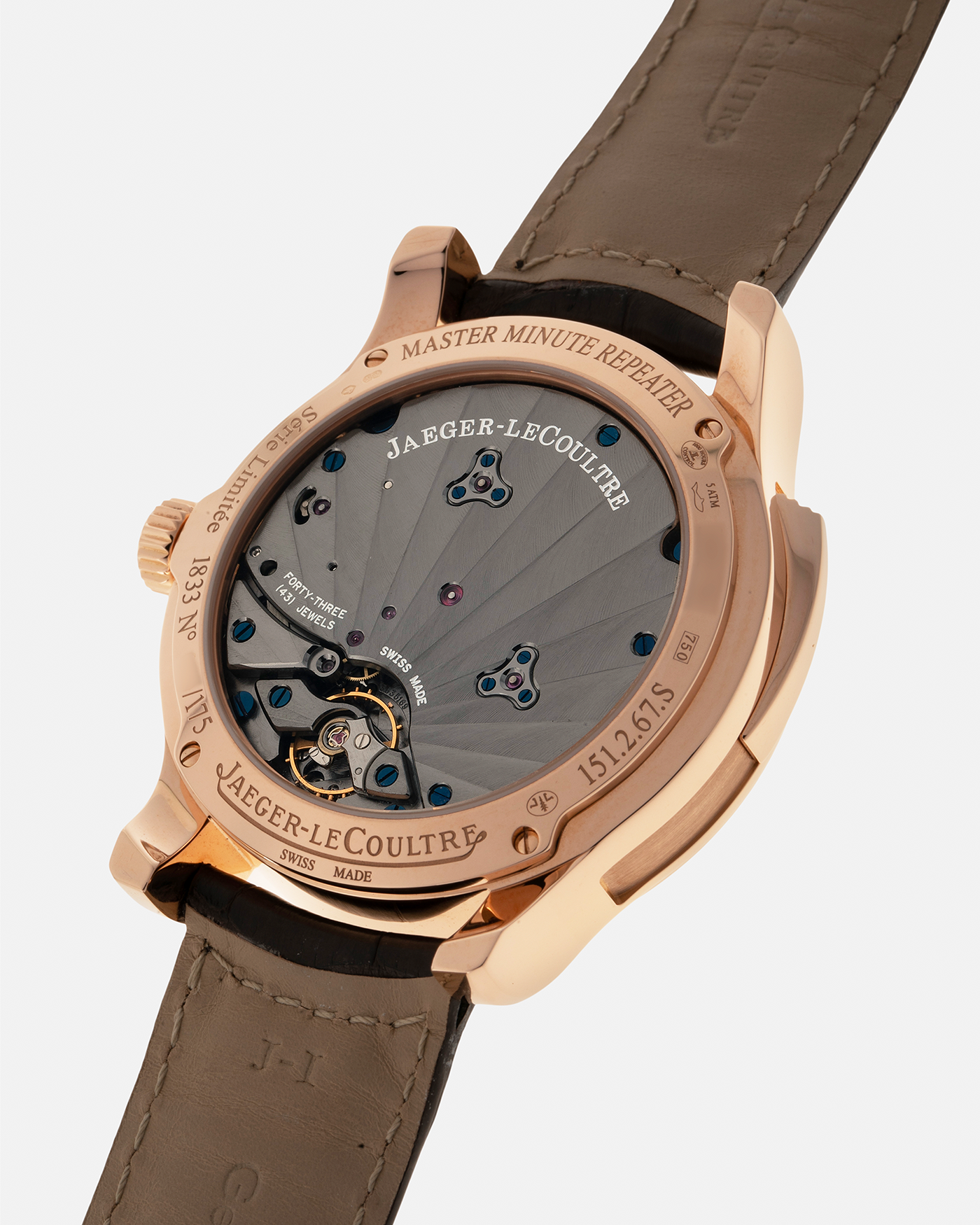 Brand: Jaeger LeCoultre
Year: 2008
Model: Master Minute Repeater 1833, 175th Anniversary Limited Edition of 175 Pieces
Reference Number: 151.2.67.S
Material: 18-carat Rose Gold
Movement: Jaeger LeCoultre Cal. 947 (Based on the Cal. 944), Manual-Winding
Case Diameter:  44mm x 15.6mm (Lug-to-Lug 52.6mm)
Lug Width: 22mm
Strap: Jaeger LeCoultre Dark Brown Alligator Leather Strap with Signed 18-carat Rose Gold Deployant Clasp 