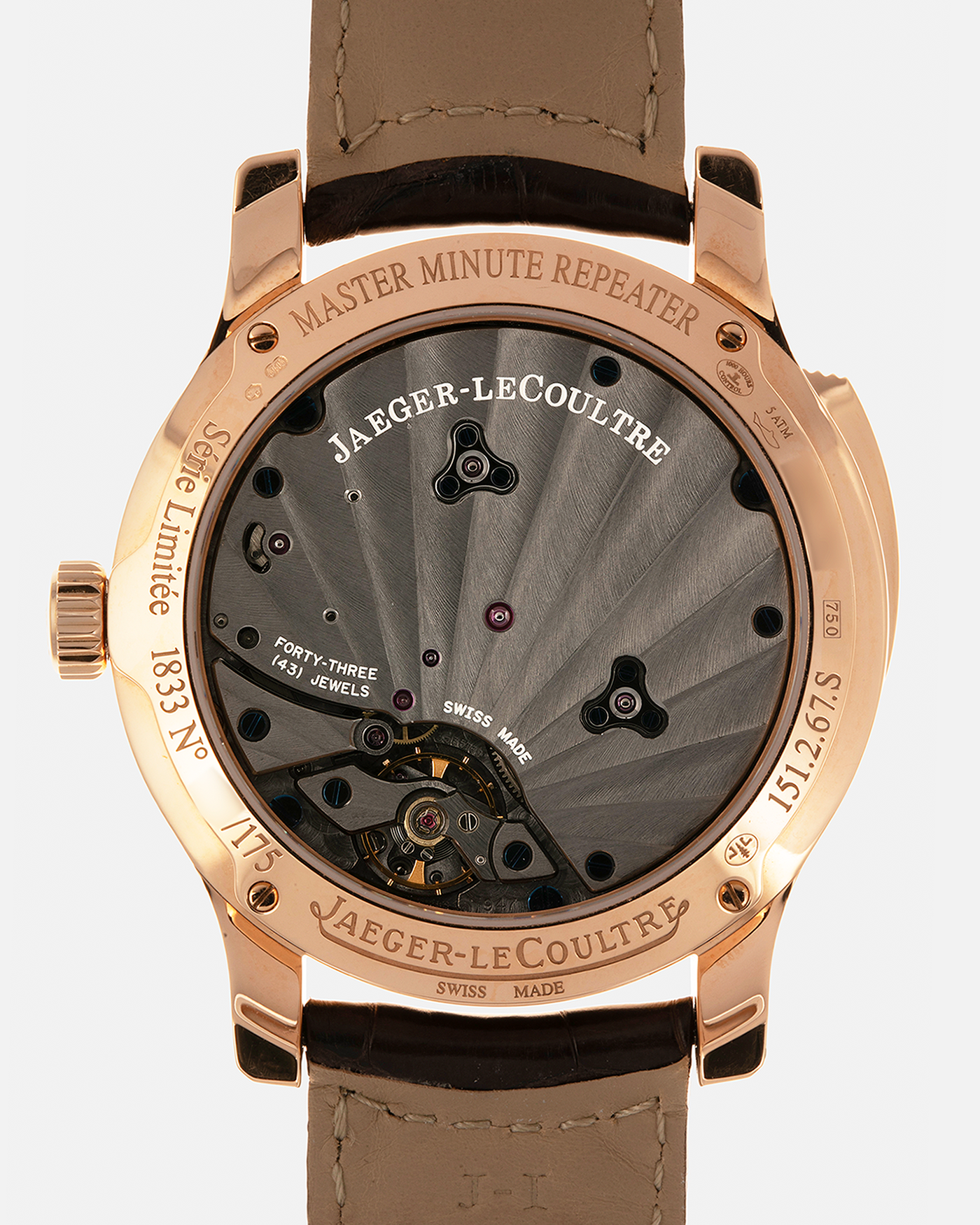 Brand: Jaeger LeCoultre
Year: 2008
Model: Master Minute Repeater 1833, 175th Anniversary Limited Edition of 175 Pieces
Reference Number: 151.2.67.S
Material: 18-carat Rose Gold
Movement: Jaeger LeCoultre Cal. 947 (Based on the Cal. 944), Manual-Winding
Case Diameter:  44mm x 15.6mm (Lug-to-Lug 52.6mm)
Lug Width: 22mm
Strap: Jaeger LeCoultre Dark Brown Alligator Leather Strap with Signed 18-carat Rose Gold Deployant Clasp 