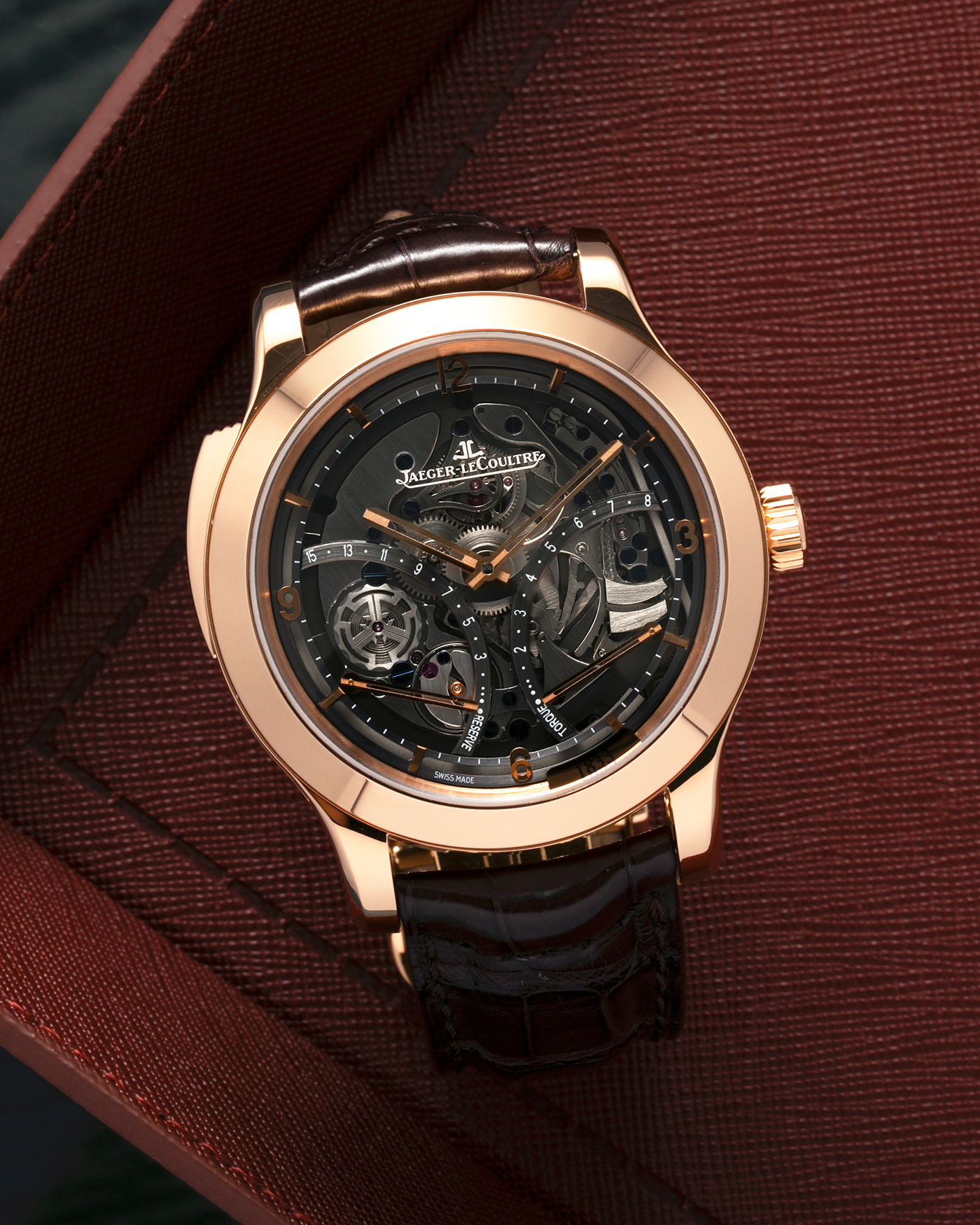 Brand: Jaeger LeCoultre
Year: 2008
Model: Master Minute Repeater 1833, 175th Anniversary Limited Edition of 175 Pieces
Reference Number: 151.2.67.S
Material: 18-carat Rose Gold
Movement: Jaeger LeCoultre Cal. 947 (Based on the Cal. 944), Manual-Winding
Case Diameter:  44mm x 15.6mm (Lug-to-Lug 52.6mm)
Lug Width: 22mm
Strap: Jaeger LeCoultre Dark Brown Alligator Leather Strap with Signed 18-carat Rose Gold Deployant Clasp 