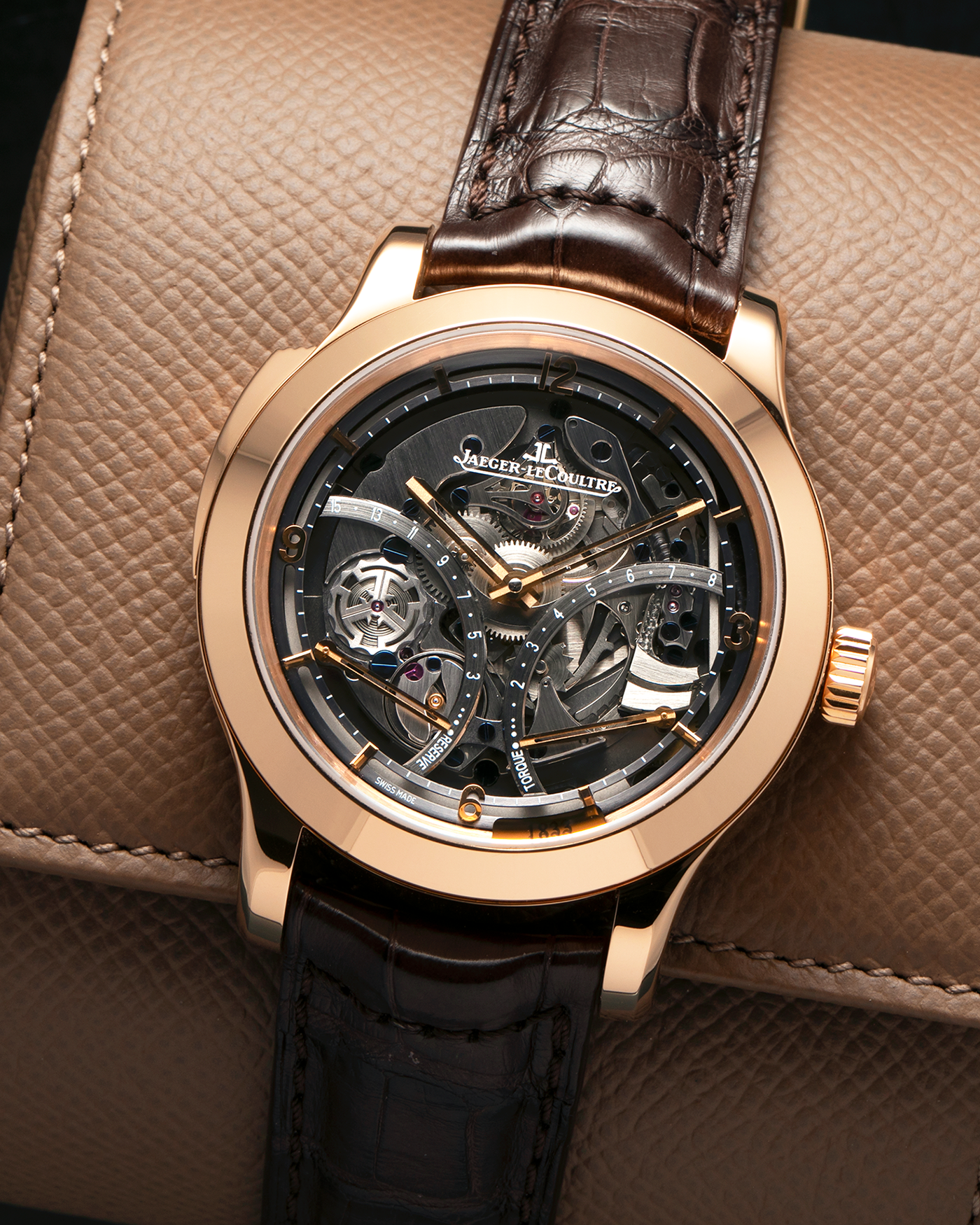 Brand: Jaeger LeCoultre
Year: 2008
Model: Master Minute Repeater 1833, 175th Anniversary Limited Edition of 175 Pieces
Reference Number: 151.2.67.S
Material: 18-carat Rose Gold
Movement: Jaeger LeCoultre Cal. 947 (Based on the Cal. 944), Manual-Winding
Case Diameter:  44mm x 15.6mm (Lug-to-Lug 52.6mm)
Lug Width: 22mm
Strap: Jaeger LeCoultre Dark Brown Alligator Leather Strap with Signed 18-carat Rose Gold Deployant Clasp 