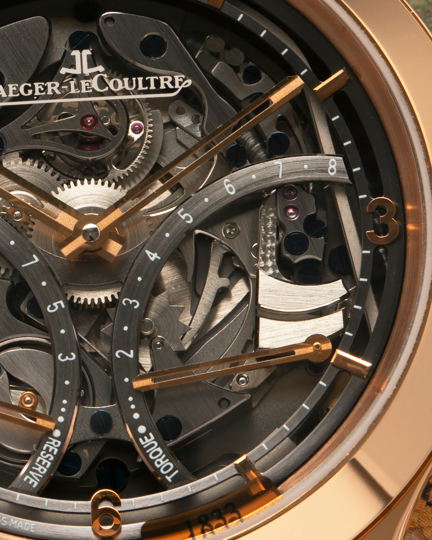 Brand: Jaeger LeCoultre
Year: 2008
Model: Master Minute Repeater 1833, 175th Anniversary Limited Edition of 175 Pieces
Reference Number: 151.2.67.S
Material: 18-carat Rose Gold
Movement: Jaeger LeCoultre Cal. 947 (Based on the Cal. 944), Manual-Winding
Case Diameter:  44mm x 15.6mm (Lug-to-Lug 52.6mm)
Lug Width: 22mm
Strap: Jaeger LeCoultre Dark Brown Alligator Leather Strap with Signed 18-carat Rose Gold Deployant Clasp 