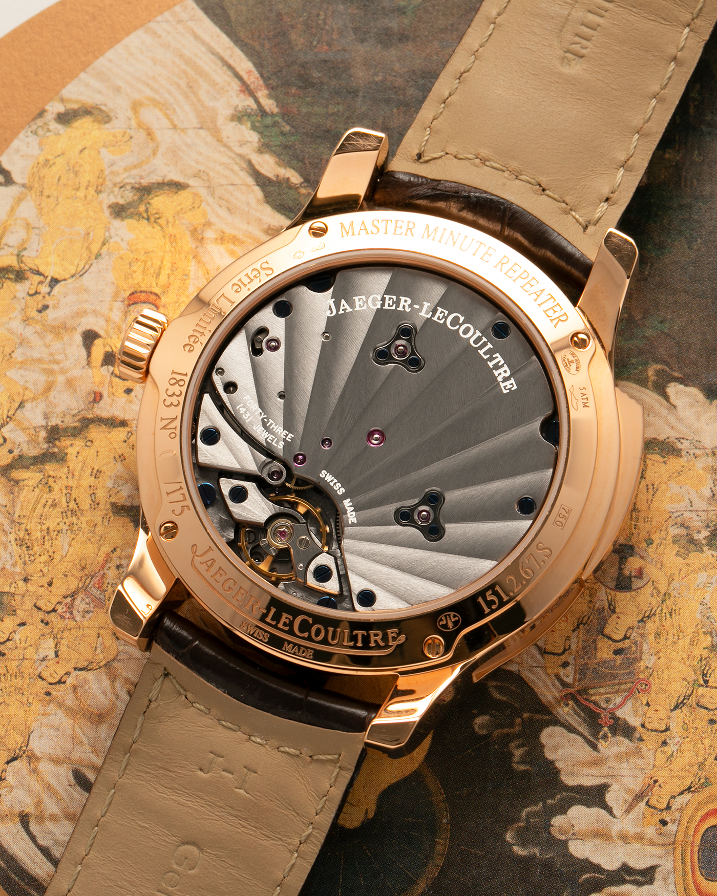 Brand: Jaeger LeCoultre
Year: 2008
Model: Master Minute Repeater 1833, 175th Anniversary Limited Edition of 175 Pieces
Reference Number: 151.2.67.S
Material: 18-carat Rose Gold
Movement: Jaeger LeCoultre Cal. 947 (Based on the Cal. 944), Manual-Winding
Case Diameter:  44mm x 15.6mm (Lug-to-Lug 52.6mm)
Lug Width: 22mm
Strap: Jaeger LeCoultre Dark Brown Alligator Leather Strap with Signed 18-carat Rose Gold Deployant Clasp 