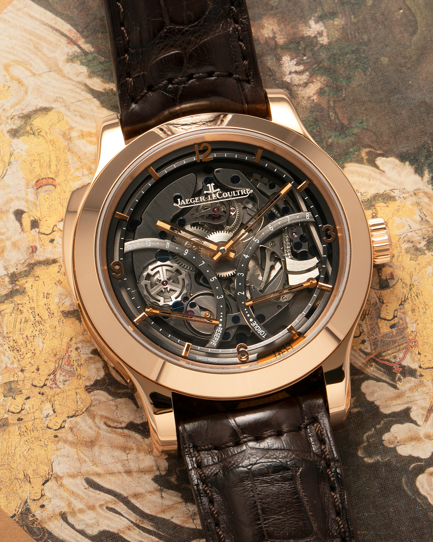 Brand: Jaeger LeCoultre
Year: 2008
Model: Master Minute Repeater 1833, 175th Anniversary Limited Edition of 175 Pieces
Reference Number: 151.2.67.S
Material: 18-carat Rose Gold
Movement: Jaeger LeCoultre Cal. 947 (Based on the Cal. 944), Manual-Winding
Case Diameter:  44mm x 15.6mm (Lug-to-Lug 52.6mm)
Lug Width: 22mm
Strap: Jaeger LeCoultre Dark Brown Alligator Leather Strap with Signed 18-carat Rose Gold Deployant Clasp 
