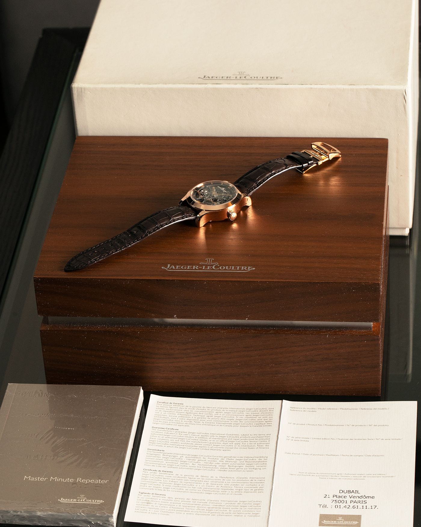 Brand: Jaeger LeCoultre
Year: 2008
Model: Master Minute Repeater 1833, 175th Anniversary Limited Edition of 175 Pieces
Reference Number: 151.2.67.S
Material: 18-carat Rose Gold
Movement: Jaeger LeCoultre Cal. 947 (Based on the Cal. 944), Manual-Winding
Case Diameter:  44mm x 15.6mm (Lug-to-Lug 52.6mm)
Lug Width: 22mm
Strap: Jaeger LeCoultre Dark Brown Alligator Leather Strap with Signed 18-carat Rose Gold Deployant Clasp 