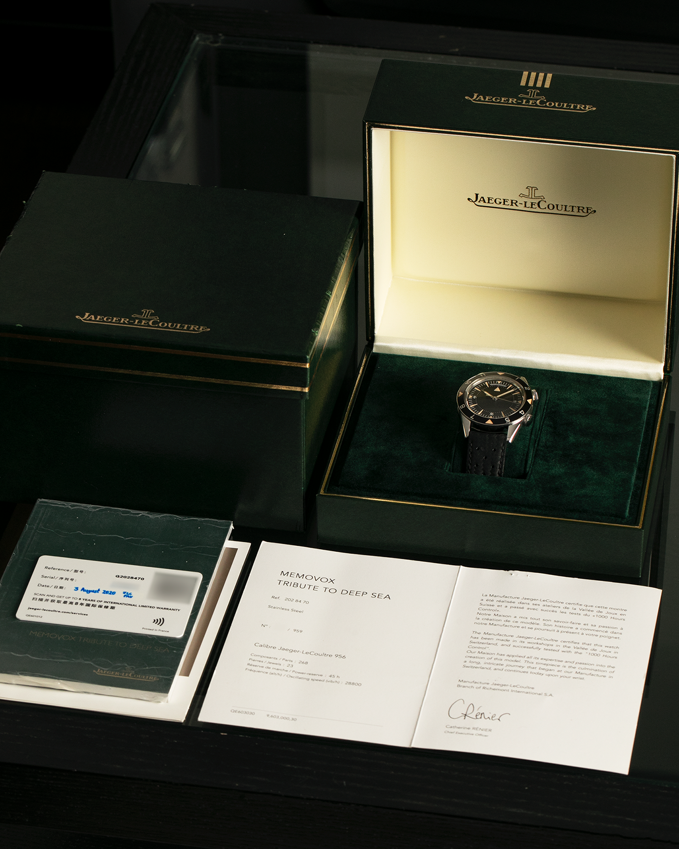 Brand: Jaeger-LeCoultre Model: Memovox ‘Tribute to Deep Sea’, European Limited Edition of 959 pieces Reference Number: Q2028470 Material: Stainless Steel Movement: Jaeger-LeCoultre Cal. 956, Self-Winding Case Diameter: 40.5mm Lug Width: 20mm Strap: Jaeger-LeCoultre Black Perforated Leather Strap with Stainless Steel Tang Buckle