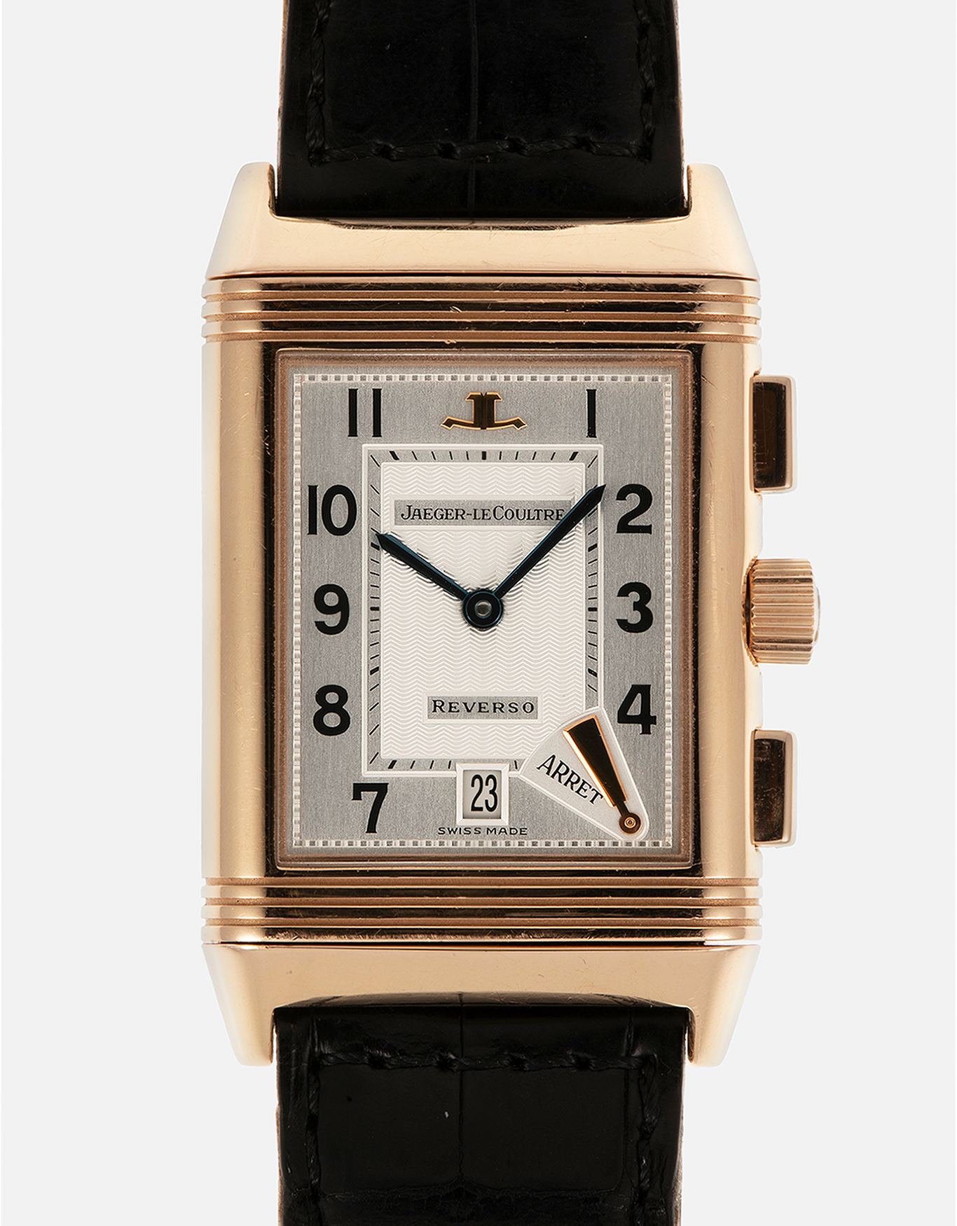 Brand: Jaeger LeCoultre
Year: 1996
Model: Reverso Chronograph Retrograde, Limited to 500 pieces
Reference: 270.2.69
Material: 18-carat Rose Gold
Movement: Jaeger LeCoultre Cal. 829, Manual-Wind
Case Dimensions: 42mm (Including Lugs) x 26mm x 9.5mm
Lug Width: 19mm
Strap: Jaeger-LeCoultre Black Alligator Leather Strap with Signed 18-carat Rose Gold Deployant Clasp