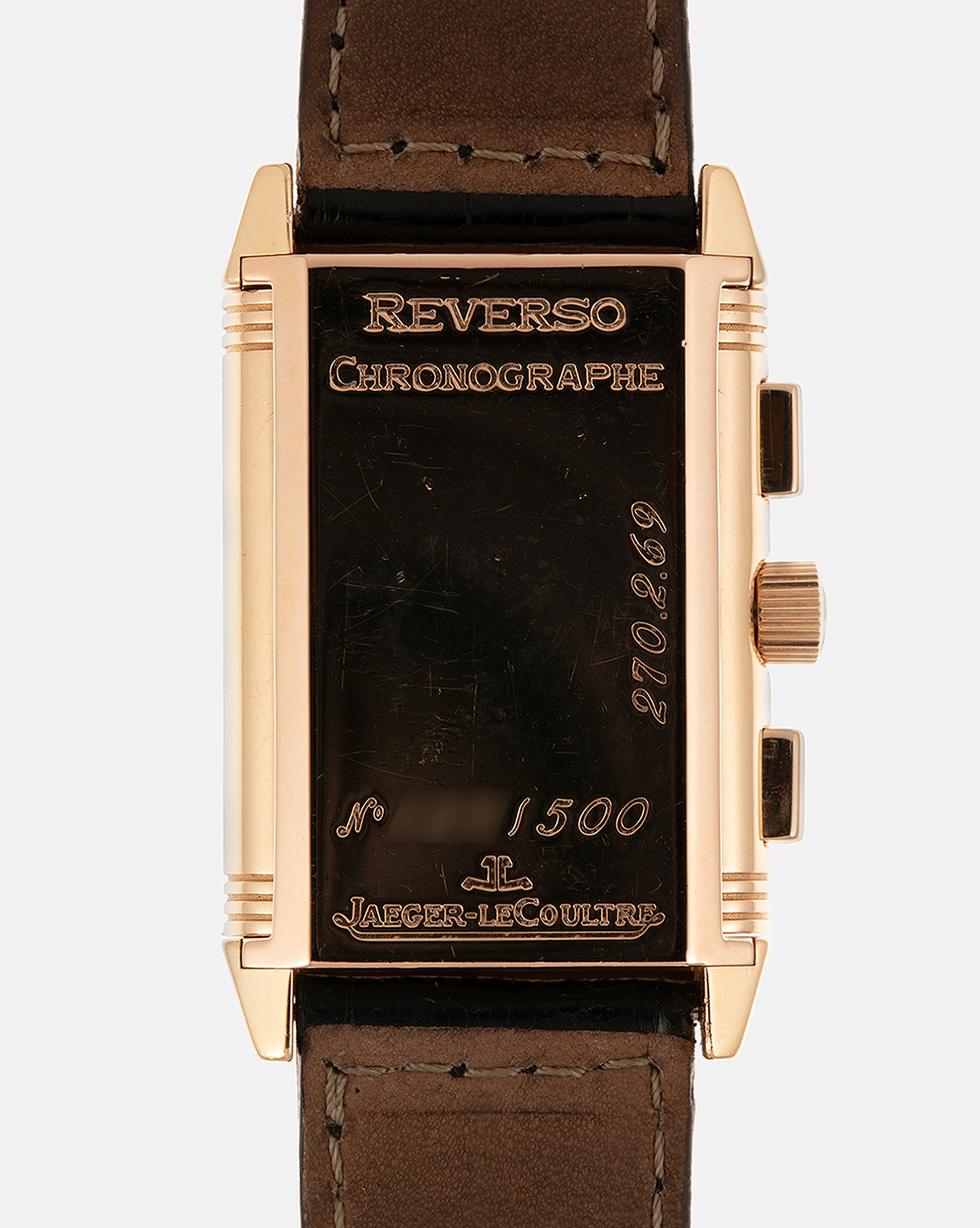 Brand: Jaeger LeCoultre
Year: 1996
Model: Reverso Chronograph Retrograde, Limited to 500 pieces
Reference: 270.2.69
Material: 18-carat Rose Gold
Movement: Jaeger LeCoultre Cal. 829, Manual-Wind
Case Dimensions: 42mm (Including Lugs) x 26mm x 9.5mm
Lug Width: 19mm
Strap: Jaeger-LeCoultre Black Alligator Leather Strap with Signed 18-carat Rose Gold Deployant Clasp
