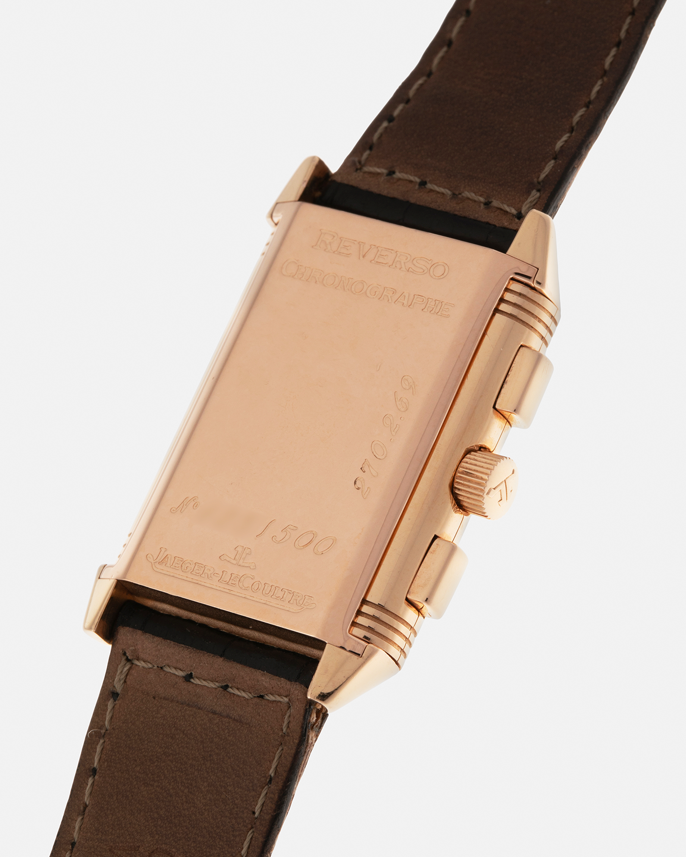 Brand: Jaeger LeCoultre
Year: 1996
Model: Reverso Chronograph Retrograde, Limited to 500 pieces
Reference: 270.2.69
Material: 18-carat Rose Gold
Movement: Jaeger LeCoultre Cal. 829, Manual-Wind
Case Dimensions: 42mm (Including Lugs) x 26mm x 9.5mm
Lug Width: 19mm
Strap: Jaeger-LeCoultre Black Alligator Leather Strap with Signed 18-carat Rose Gold Deployant Clasp