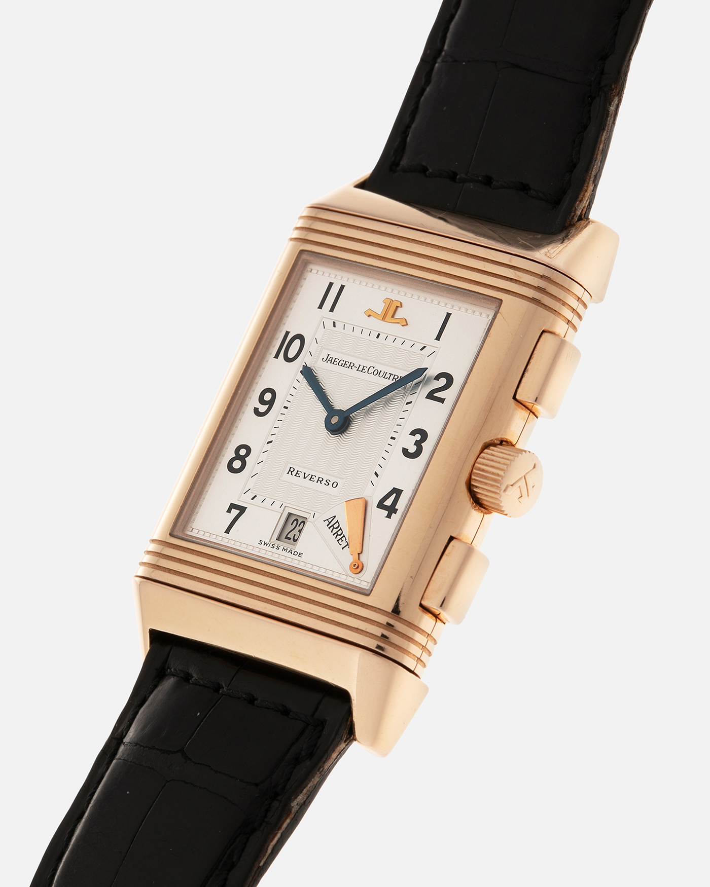 Brand: Jaeger LeCoultre
Year: 1996
Model: Reverso Chronograph Retrograde, Limited to 500 pieces
Reference: 270.2.69
Material: 18-carat Rose Gold
Movement: Jaeger LeCoultre Cal. 829, Manual-Wind
Case Dimensions: 42mm (Including Lugs) x 26mm x 9.5mm
Lug Width: 19mm
Strap: Jaeger-LeCoultre Black Alligator Leather Strap with Signed 18-carat Rose Gold Deployant Clasp