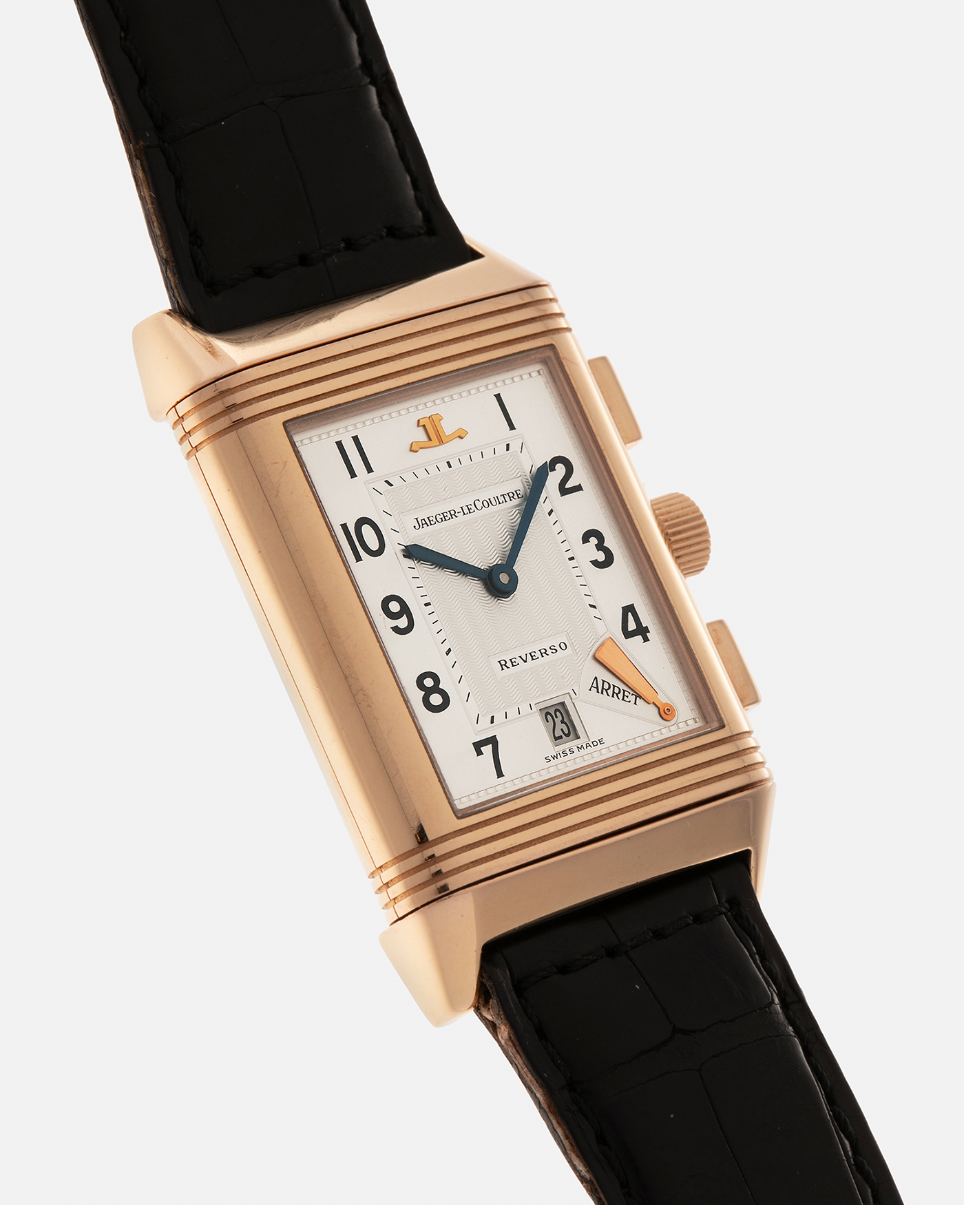 Brand: Jaeger LeCoultre
Year: 1996
Model: Reverso Chronograph Retrograde, Limited to 500 pieces
Reference: 270.2.69
Material: 18-carat Rose Gold
Movement: Jaeger LeCoultre Cal. 829, Manual-Wind
Case Dimensions: 42mm (Including Lugs) x 26mm x 9.5mm
Lug Width: 19mm
Strap: Jaeger-LeCoultre Black Alligator Leather Strap with Signed 18-carat Rose Gold Deployant Clasp