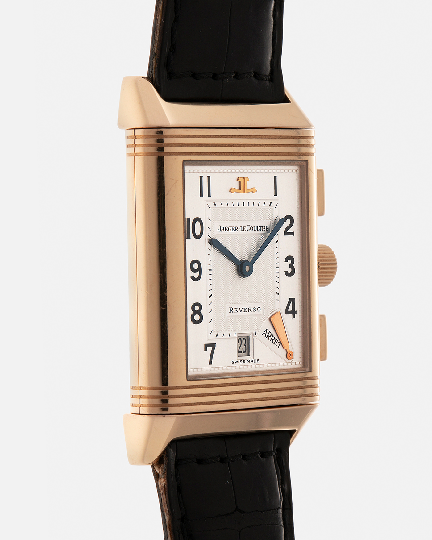 Brand: Jaeger LeCoultre
Year: 1996
Model: Reverso Chronograph Retrograde, Limited to 500 pieces
Reference: 270.2.69
Material: 18-carat Rose Gold
Movement: Jaeger LeCoultre Cal. 829, Manual-Wind
Case Dimensions: 42mm (Including Lugs) x 26mm x 9.5mm
Lug Width: 19mm
Strap: Jaeger-LeCoultre Black Alligator Leather Strap with Signed 18-carat Rose Gold Deployant Clasp