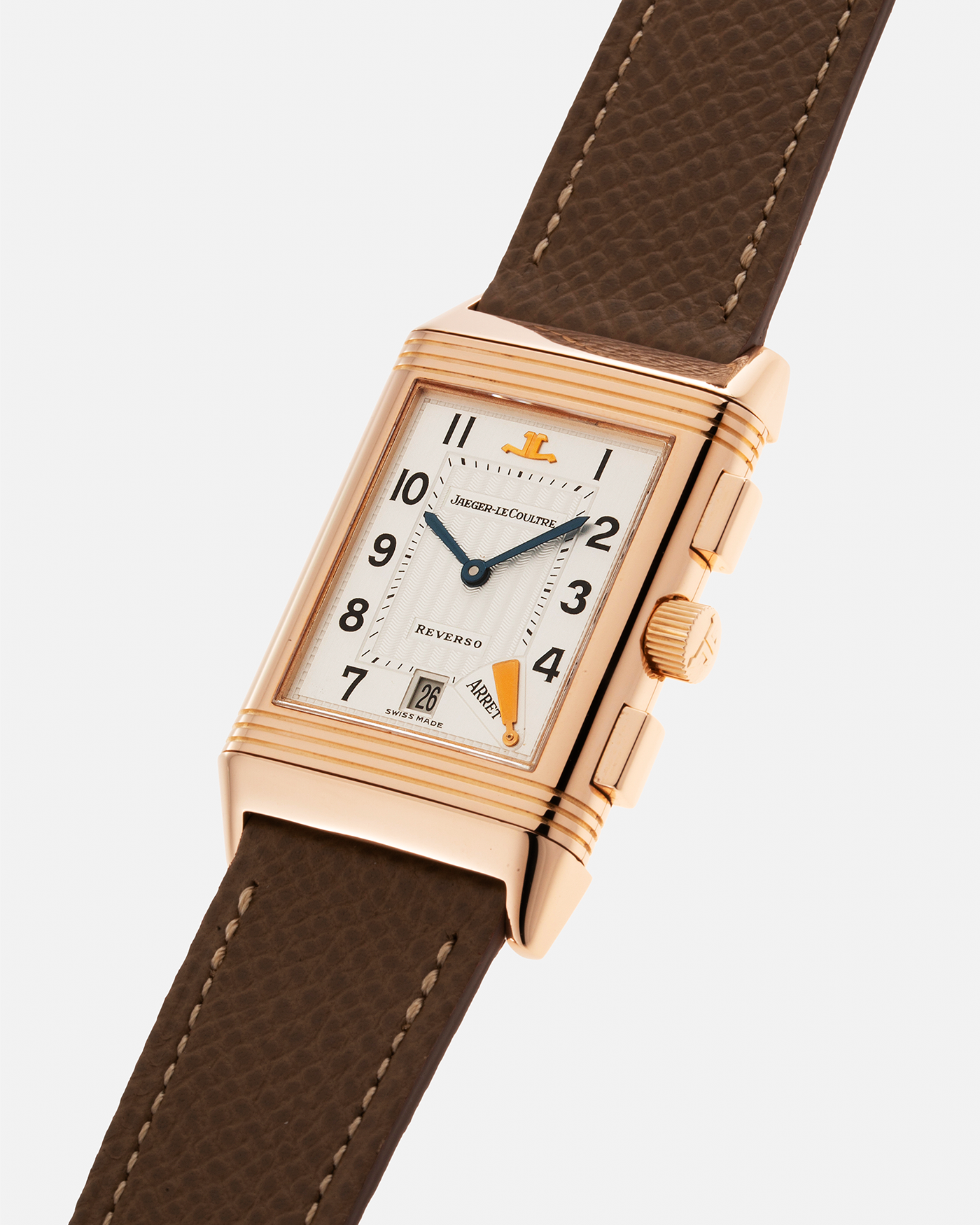 Brand: Jaeger LeCoultre Year: 1996 Model: Reverso Chronographe Retrograde, BALE Prototype of 20 pieces Reference Number: 270.2.69 Serial Number: BALE 96/16 Material: 18-carat Rose Gold Movement: JLC Cal. 829, Manual-Wind Case Diameter: 42mm x 26mm x 9.5mm Lug Width: 19mm Strap: Nostime Taupe Leather Strap with Signed 18-carat Rose Gold Deployant Clasp