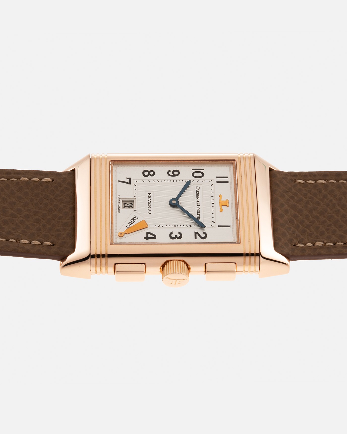 Brand: Jaeger LeCoultre Year: 1996 Model: Reverso Chronographe Retrograde, BALE Prototype of 20 pieces Reference Number: 270.2.69 Serial Number: BALE 96/16 Material: 18-carat Rose Gold Movement: JLC Cal. 829, Manual-Wind Case Diameter: 42mm x 26mm x 9.5mm Lug Width: 19mm Strap: Nostime Taupe Leather Strap with Signed 18-carat Rose Gold Deployant Clasp