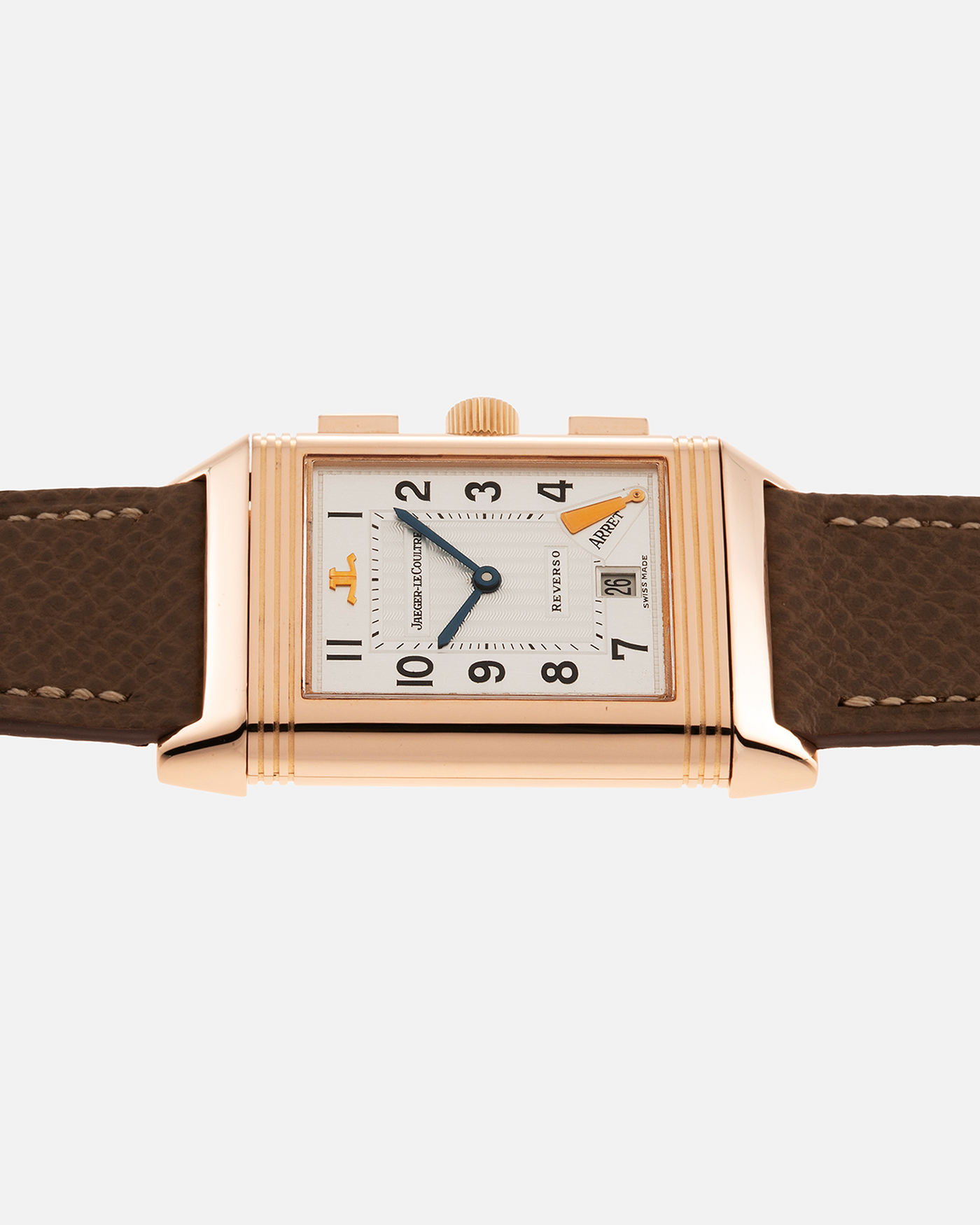 Brand: Jaeger LeCoultre Year: 1996 Model: Reverso Chronographe Retrograde, BALE Prototype of 20 pieces Reference Number: 270.2.69 Serial Number: BALE 96/16 Material: 18-carat Rose Gold Movement: JLC Cal. 829, Manual-Wind Case Diameter: 42mm x 26mm x 9.5mm Lug Width: 19mm Strap: Nostime Taupe Leather Strap with Signed 18-carat Rose Gold Deployant Clasp