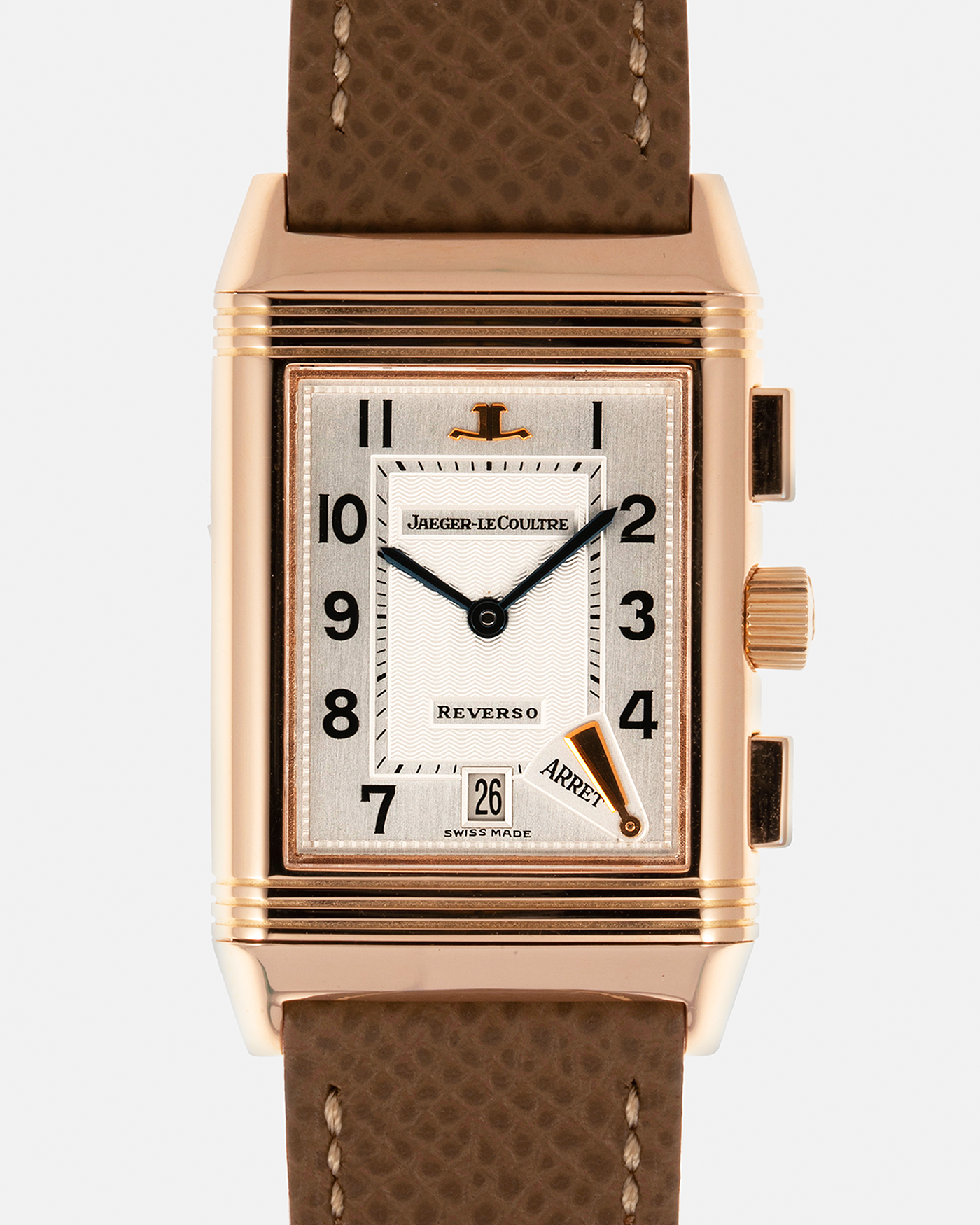 Brand: Jaeger LeCoultre Year: 1996 Model: Reverso Chronographe Retrograde, BALE Prototype of 20 pieces Reference Number: 270.2.69 Serial Number: BALE 96/16 Material: 18-carat Rose Gold Movement: JLC Cal. 829, Manual-Wind Case Diameter: 42mm x 26mm x 9.5mm Lug Width: 19mm Strap: Nostime Taupe Leather Strap with Signed 18-carat Rose Gold Deployant Clasp