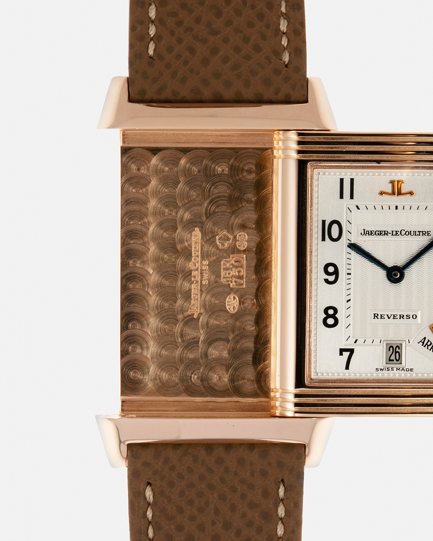 Brand: Jaeger LeCoultre Year: 1996 Model: Reverso Chronographe Retrograde, BALE Prototype of 20 pieces Reference Number: 270.2.69 Serial Number: BALE 96/16 Material: 18-carat Rose Gold Movement: JLC Cal. 829, Manual-Wind Case Diameter: 42mm x 26mm x 9.5mm Lug Width: 19mm Strap: Nostime Taupe Leather Strap with Signed 18-carat Rose Gold Deployant Clasp
