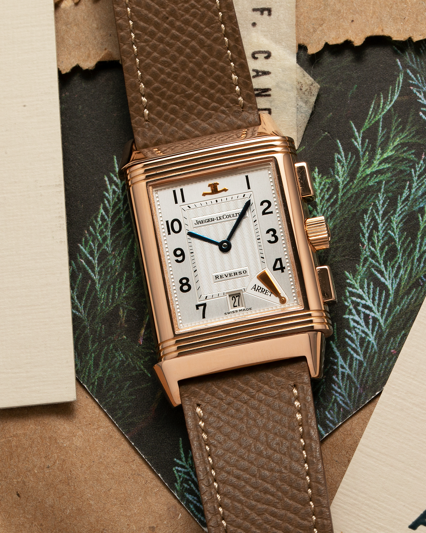 Brand: Jaeger LeCoultre Year: 1996 Model: Reverso Chronographe Retrograde, BALE Prototype of 20 pieces Reference Number: 270.2.69 Serial Number: BALE 96/16 Material: 18-carat Rose Gold Movement: JLC Cal. 829, Manual-Wind Case Diameter: 42mm x 26mm x 9.5mm Lug Width: 19mm Strap: Nostime Taupe Leather Strap with Signed 18-carat Rose Gold Deployant Clasp