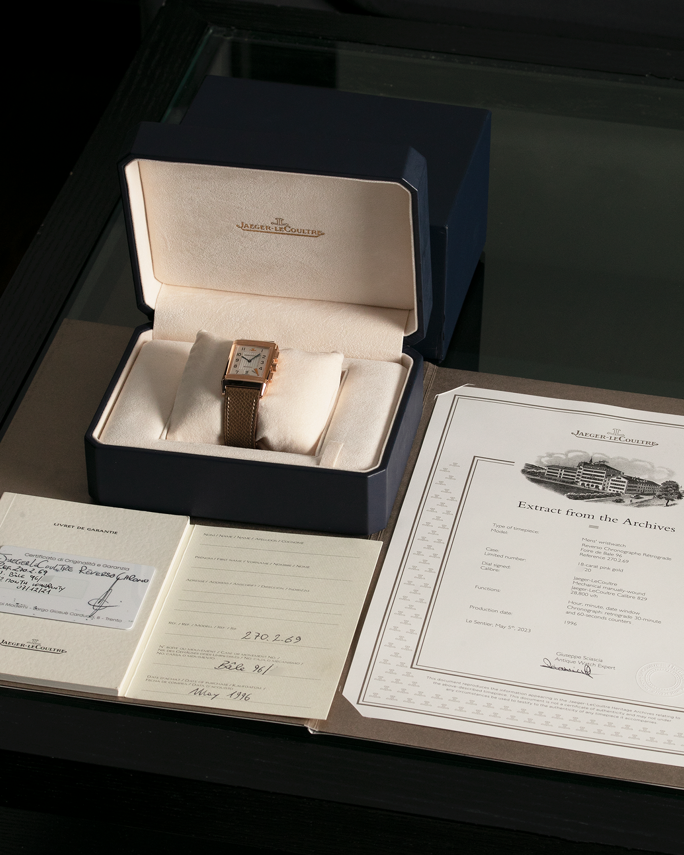 Brand: Jaeger LeCoultre Year: 1996 Model: Reverso Chronographe Retrograde, BALE Prototype of 20 pieces Reference Number: 270.2.69 Serial Number: BALE 96/16 Material: 18-carat Rose Gold Movement: JLC Cal. 829, Manual-Wind Case Diameter: 42mm x 26mm x 9.5mm Lug Width: 19mm Strap: Nostime Taupe Leather Strap with Signed 18-carat Rose Gold Deployant Clasp
