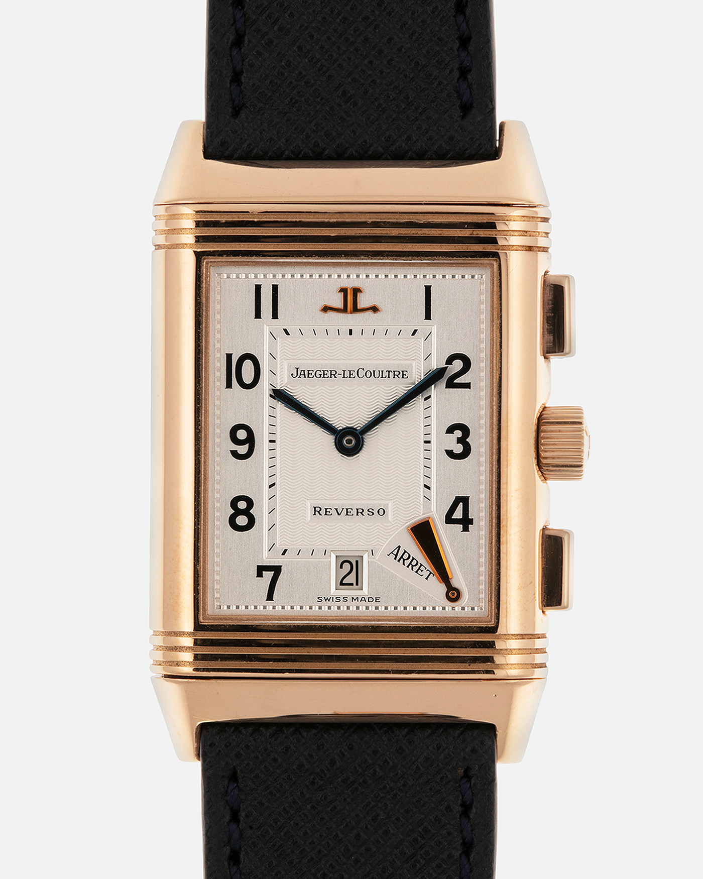 Brand: Jaeger LeCoultre
Year: 1996
Model: Reverso Chronograph Retrograde, Limited to 500 pieces
Reference: 270.2.69
Material: 18-carat Rose Gold
Movement: Jaeger LeCoultre Cal. 829, Manual-Wind
Case Dimensions: 42mm (Including Lugs) x 26mm x 9.5mm
Lug Width: 19mm
Strap: Molequin Navy Blue Textured Calf with Signed 18-carat Rose Gold Deployant Clasp