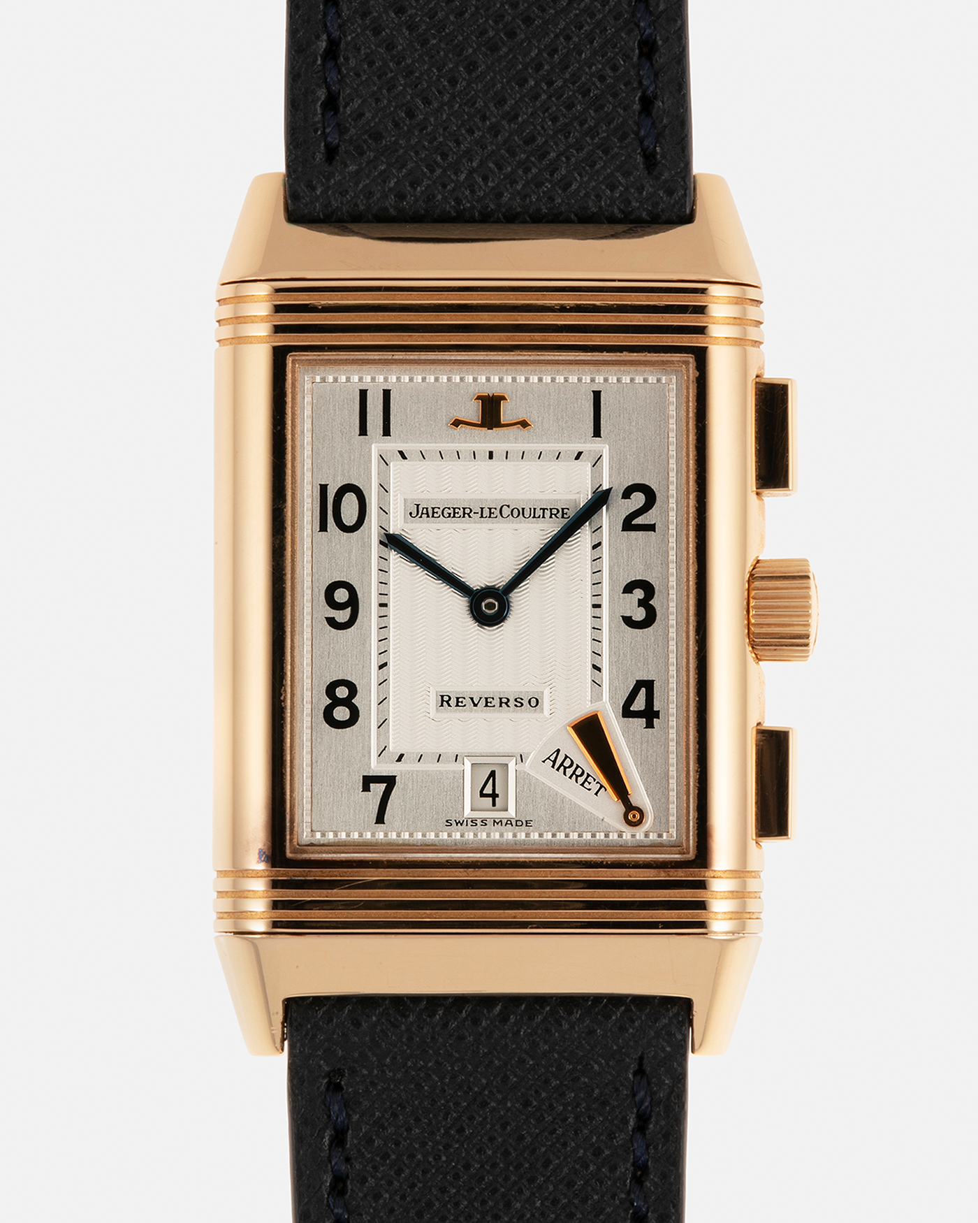 Brand: Jaeger LeCoultre Year: 1996 Model: Reverso Chronographe Retrograde, Limited to 500 pieces Reference: 270.2.69 Material: 18-carat Rose Gold Movement: Jaeger LeCoultre Cal. 829, Manual-Wind Case Dimensions: 42mm x 26mm x 9.5mm Lug Width: 19mm Strap: Molequin Navy Blue Textured Calf with Signed 18-carat Rose Gold Deployant Clasp