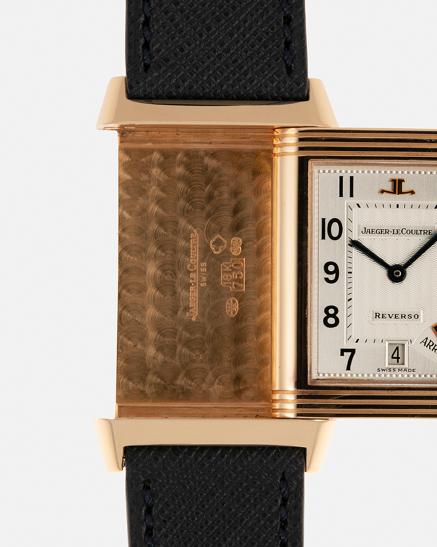Brand: Jaeger LeCoultre Year: 1996 Model: Reverso Chronographe Retrograde, Limited to 500 pieces Reference: 270.2.69 Material: 18-carat Rose Gold Movement: Jaeger LeCoultre Cal. 829, Manual-Wind Case Dimensions: 42mm x 26mm x 9.5mm Lug Width: 19mm Strap: Molequin Navy Blue Textured Calf with Signed 18-carat Rose Gold Deployant Clasp