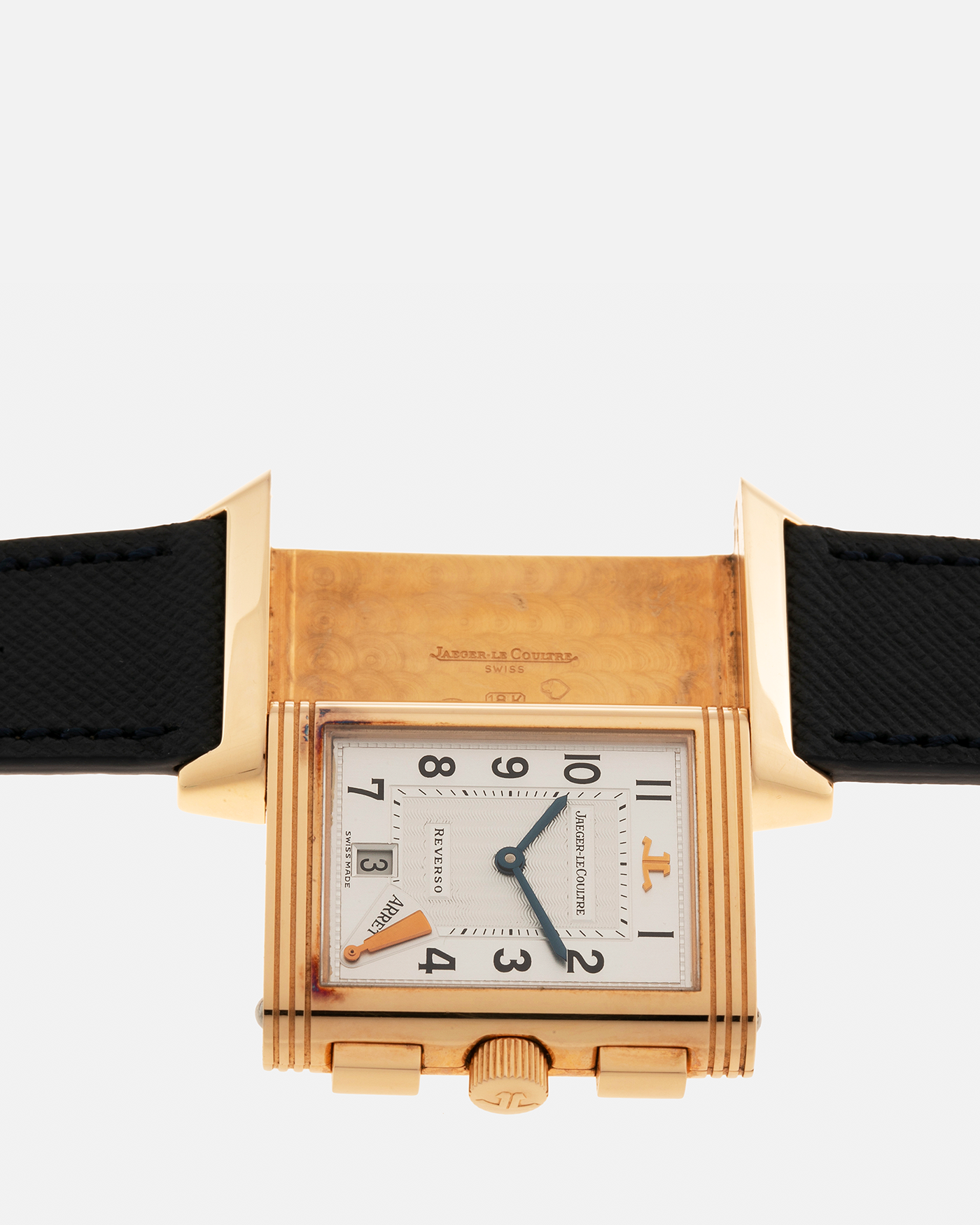 Brand: Jaeger LeCoultre Year: 1996 Model: Reverso Chronographe Retrograde, Limited to 500 pieces Reference: 270.2.69 Material: 18-carat Rose Gold Movement: Jaeger LeCoultre Cal. 829, Manual-Wind Case Dimensions: 42mm x 26mm x 9.5mm Lug Width: 19mm Strap: Molequin Navy Blue Textured Calf with Signed 18-carat Rose Gold Deployant Clasp