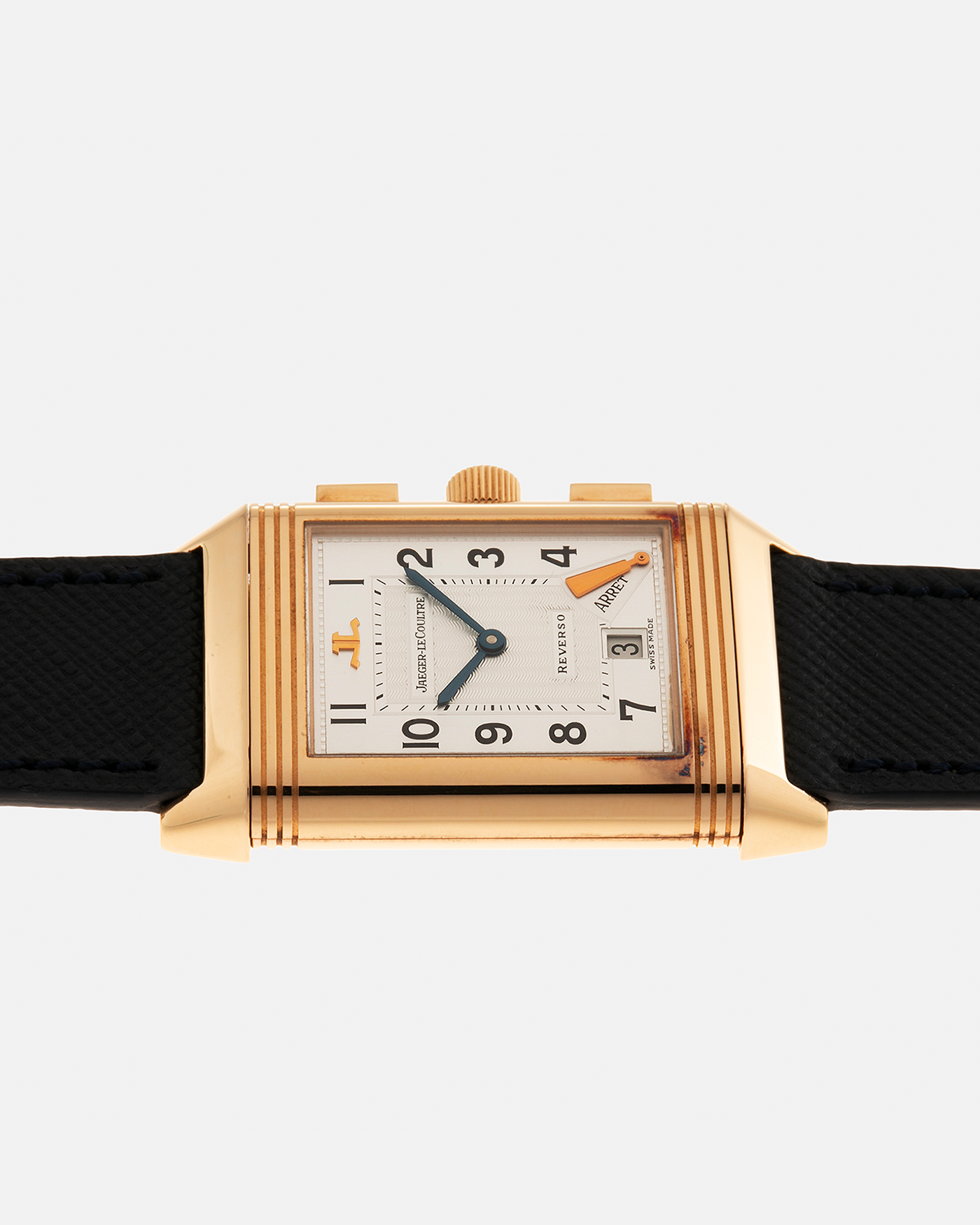 Brand: Jaeger LeCoultre Year: 1996 Model: Reverso Chronographe Retrograde, Limited to 500 pieces Reference: 270.2.69 Material: 18-carat Rose Gold Movement: Jaeger LeCoultre Cal. 829, Manual-Wind Case Dimensions: 42mm x 26mm x 9.5mm Lug Width: 19mm Strap: Molequin Navy Blue Textured Calf with Signed 18-carat Rose Gold Deployant Clasp
