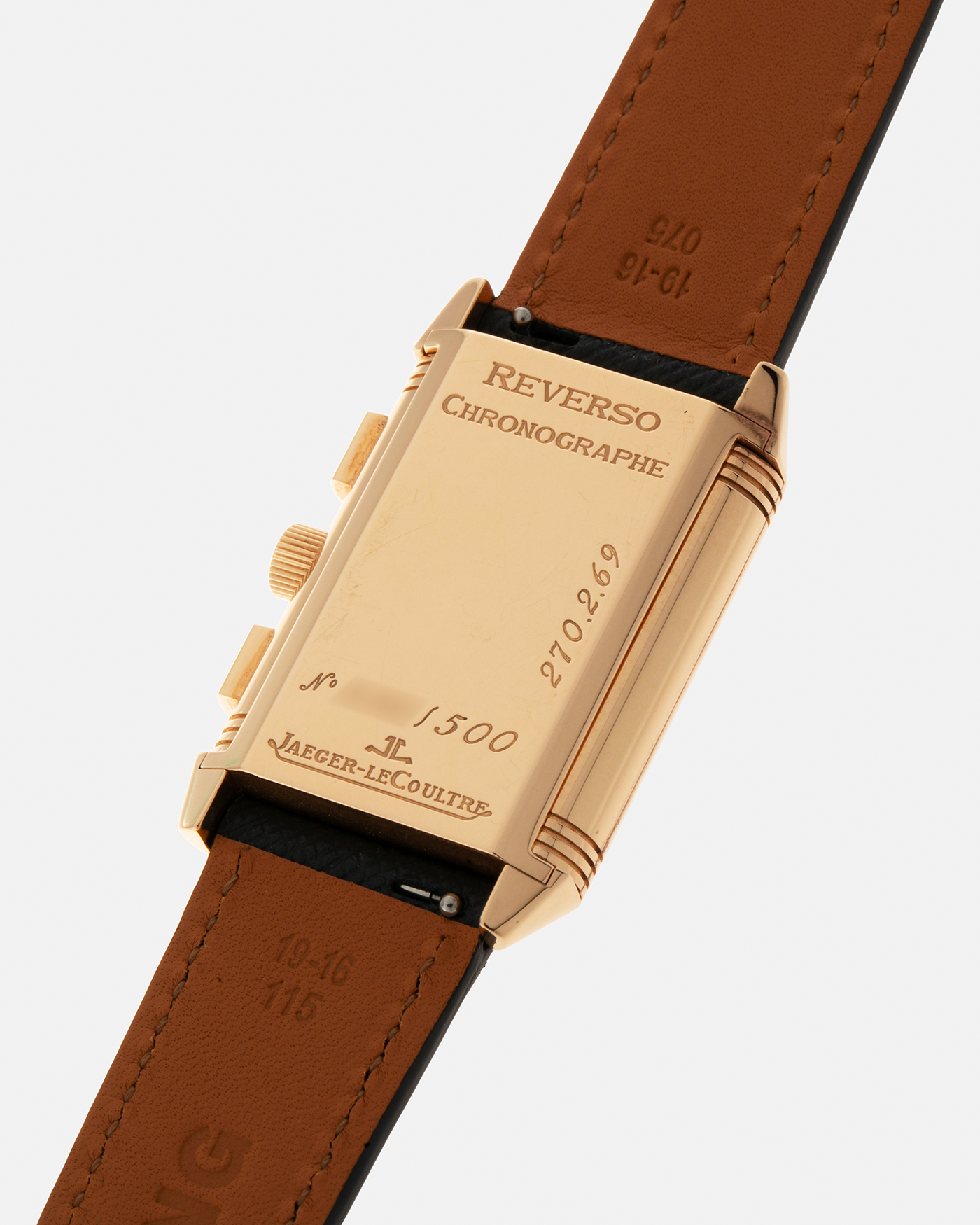Brand: Jaeger LeCoultre Year: 1996 Model: Reverso Chronographe Retrograde, Limited to 500 pieces Reference: 270.2.69 Material: 18-carat Rose Gold Movement: Jaeger LeCoultre Cal. 829, Manual-Wind Case Dimensions: 42mm x 26mm x 9.5mm Lug Width: 19mm Strap: Molequin Navy Blue Textured Calf with Signed 18-carat Rose Gold Deployant Clasp